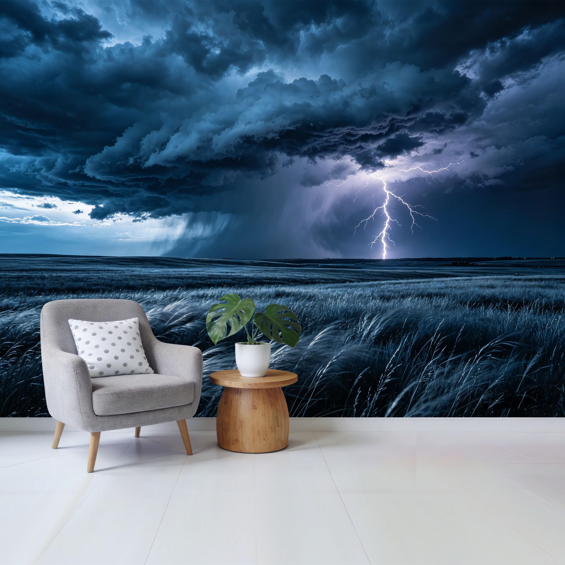 Qzlithotic Yq2605250539 Custom Size Wall Mural Dramatic Lightning Storm Over Dark Meadow Landscape 3D Contemporary Selfadhesive Wall Fabric Removable Wallpaper For Home Office Decor