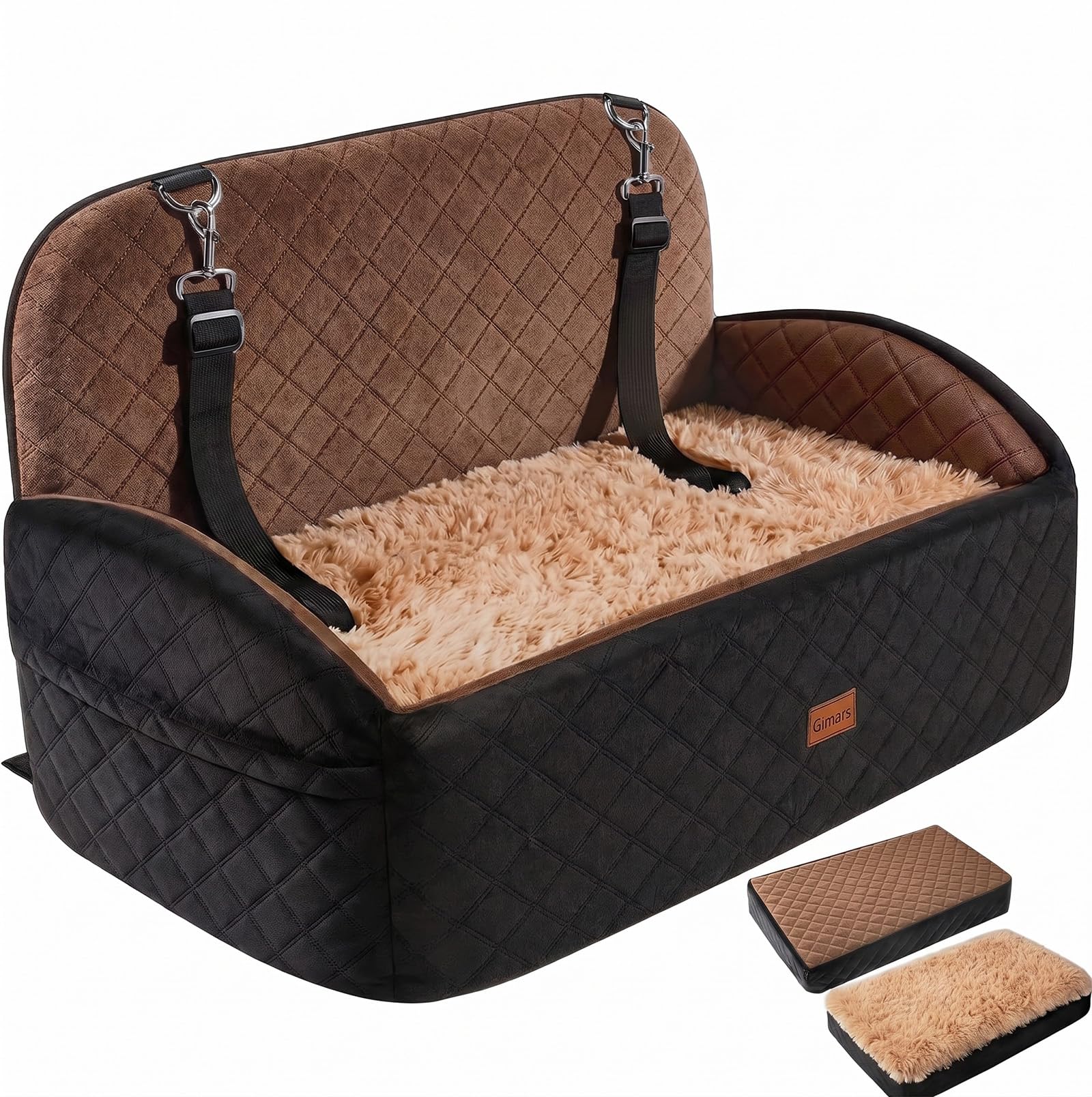 Gimars Reversible Dog Car Seat with Long & Short Plush for Small/Medium Dogs Up to 27kg, Detachable Washable Anti-Slip Dog Booster Car Seat with 13cm 28D Egg-Crate Foam, Safety Belt, L-Brown