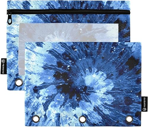 Hippie Blue Indigo Tie Dye Ink Batik Boho - Estuche para lápices para carpeta de 3 anillas, estuche de cosméticos con cremallera ventana