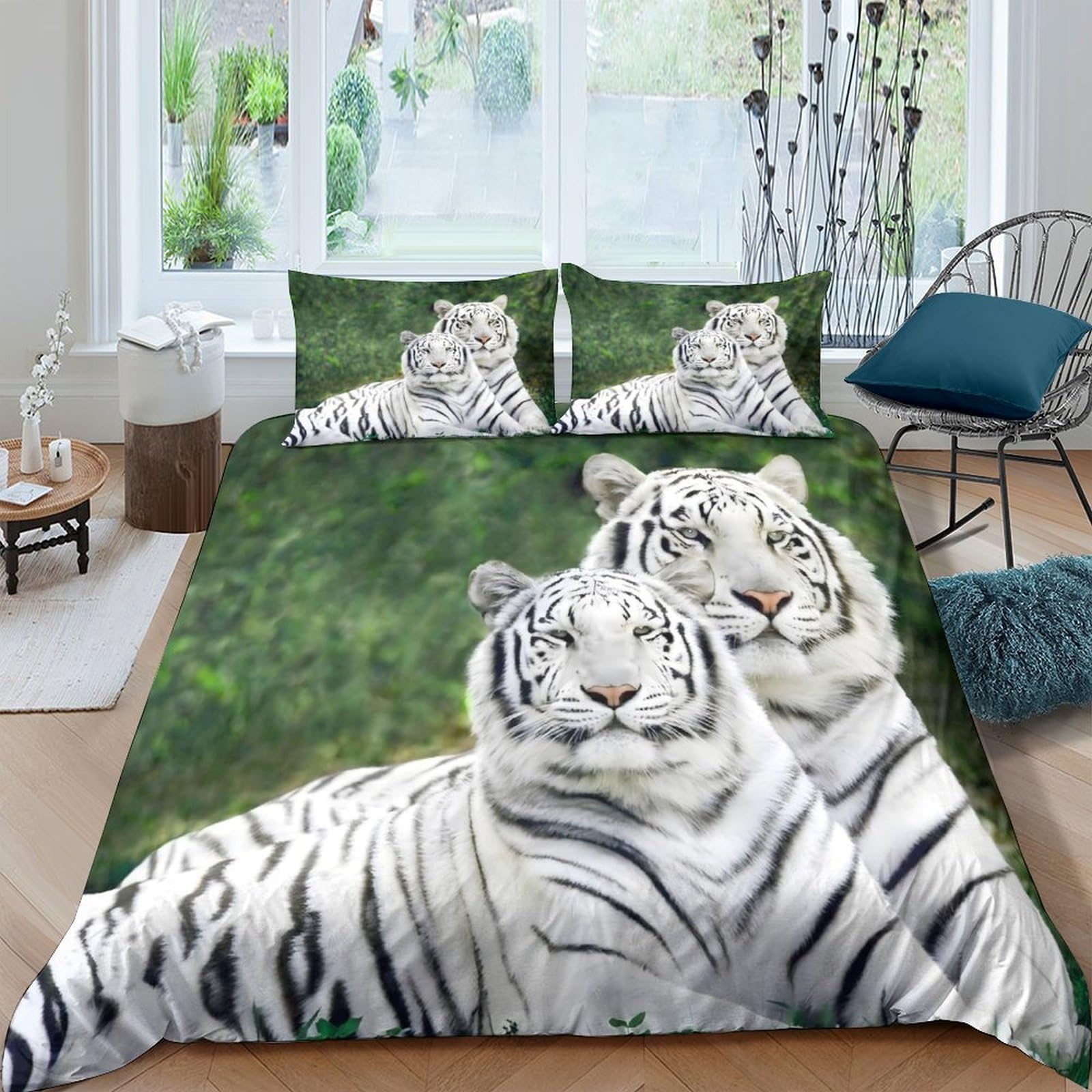 Ctjqhvkz Style-8 3D Printed White Tiger Wildlife Fitted Sheet Microfiber Soft Breathable Jungle Forest Mattress Cover Bedroom Decor Single（135X200cm）