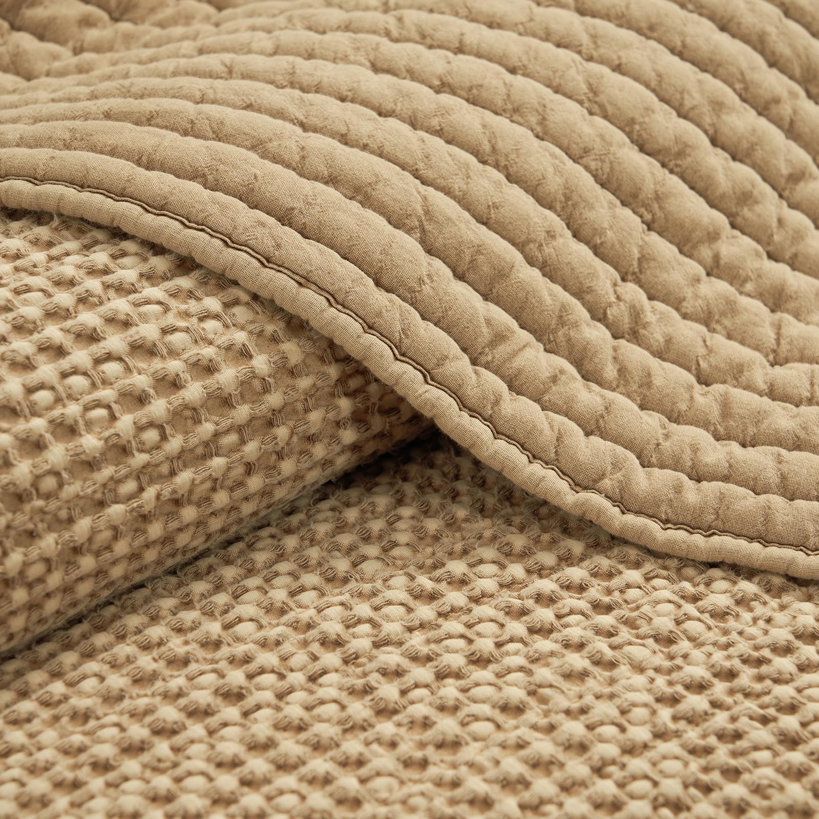 phf stone-washed 100% cotton waffle quilt set queen size (90"x90") – 3pc lightweight striped channel quilted bedspread with polyester fill, soft vintage coverlet for home decor, light khaki