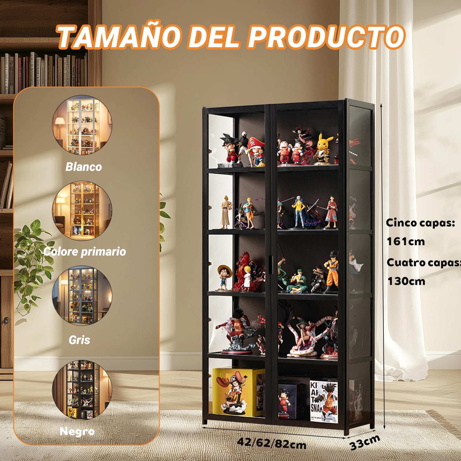 Vitrina expositora para Colecciones, Vitrina Cristal Vitrina expositora vidro à Prova de pó, Design de Porta de armário com LAPE sin luz.(82x 33 x 161cm/Blanco)