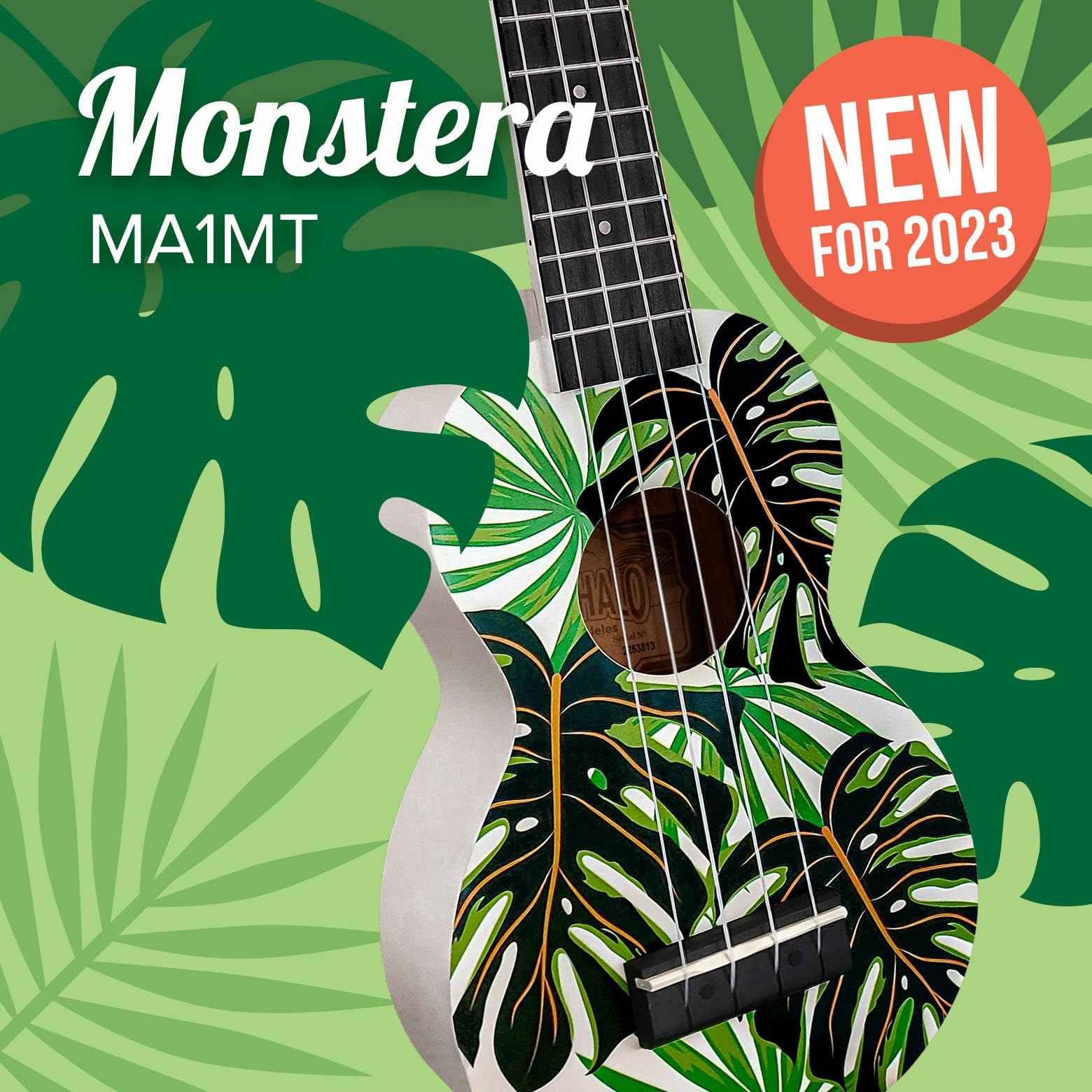 MAHALO - Ukulele soprano Monstera con custodia e supporto a parete.