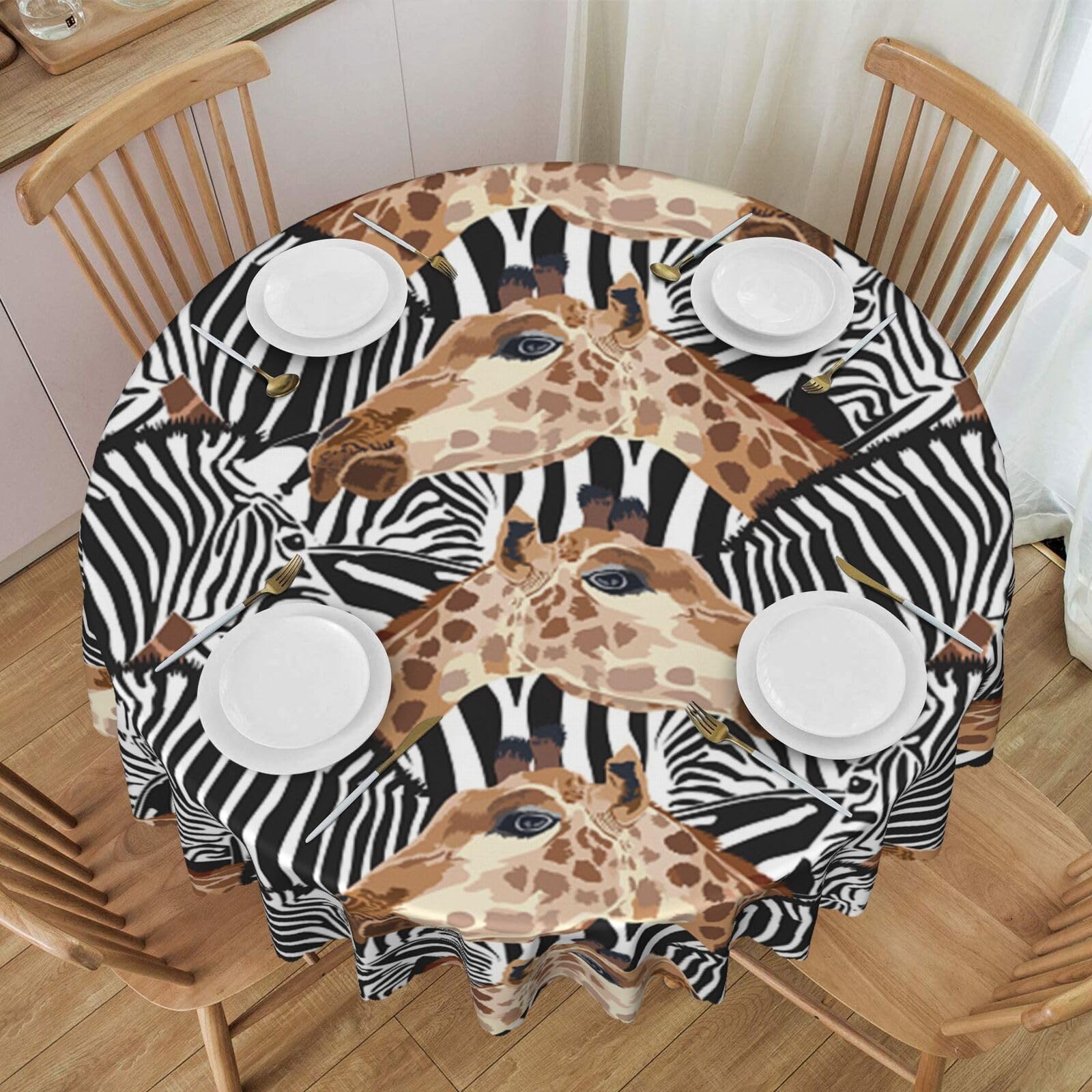 Nappe ronde zèbre et girafe 150 cm en polyester imperméable pour table de cuisine