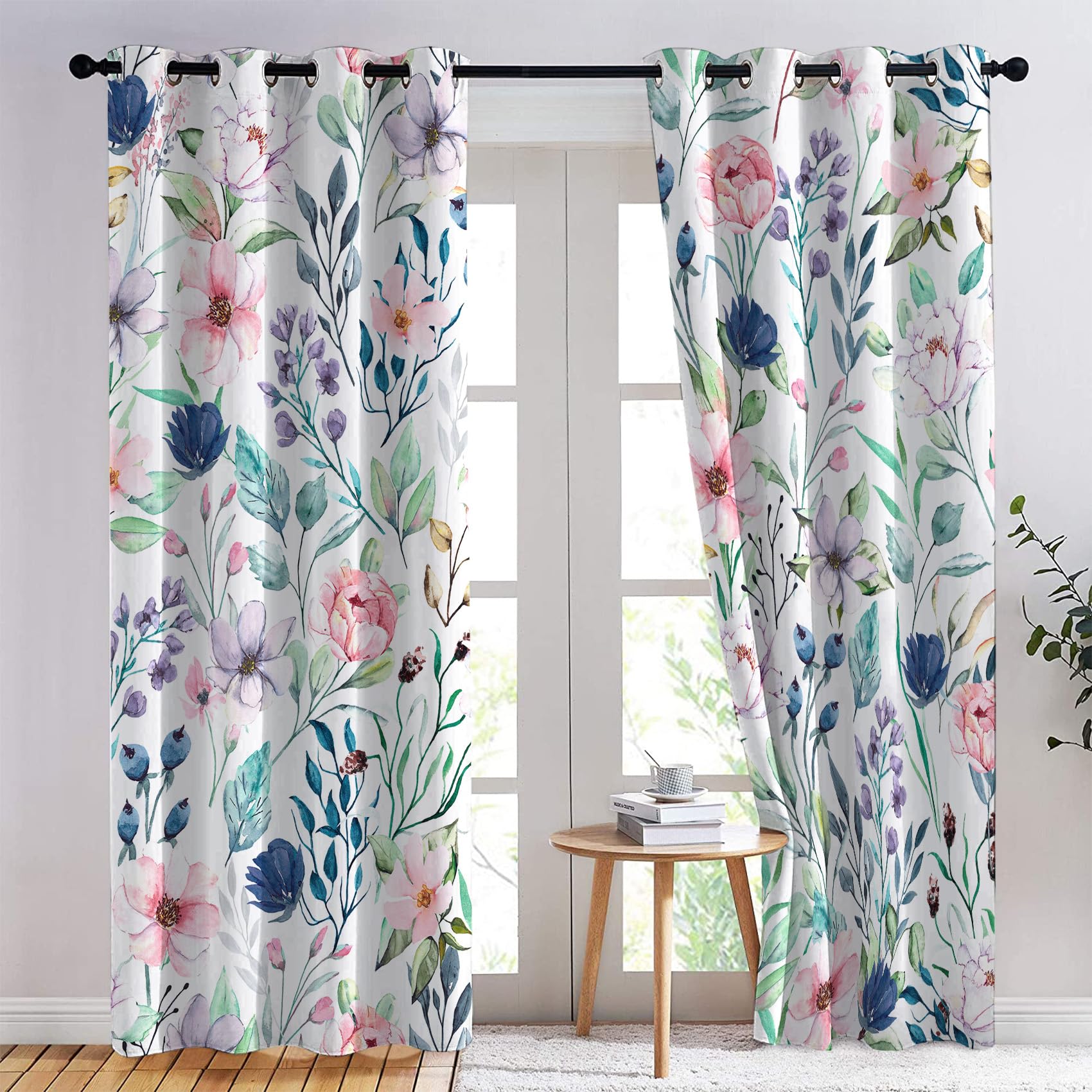 Rideau Occultant, Motif Fleuri - Rideaux Thermiques Imprimé pour Salon Chambre Fenetre, Lot de 2 Rideaux et Draperies Intérieurs à Oeillets, 75x166 cm (L x H)
