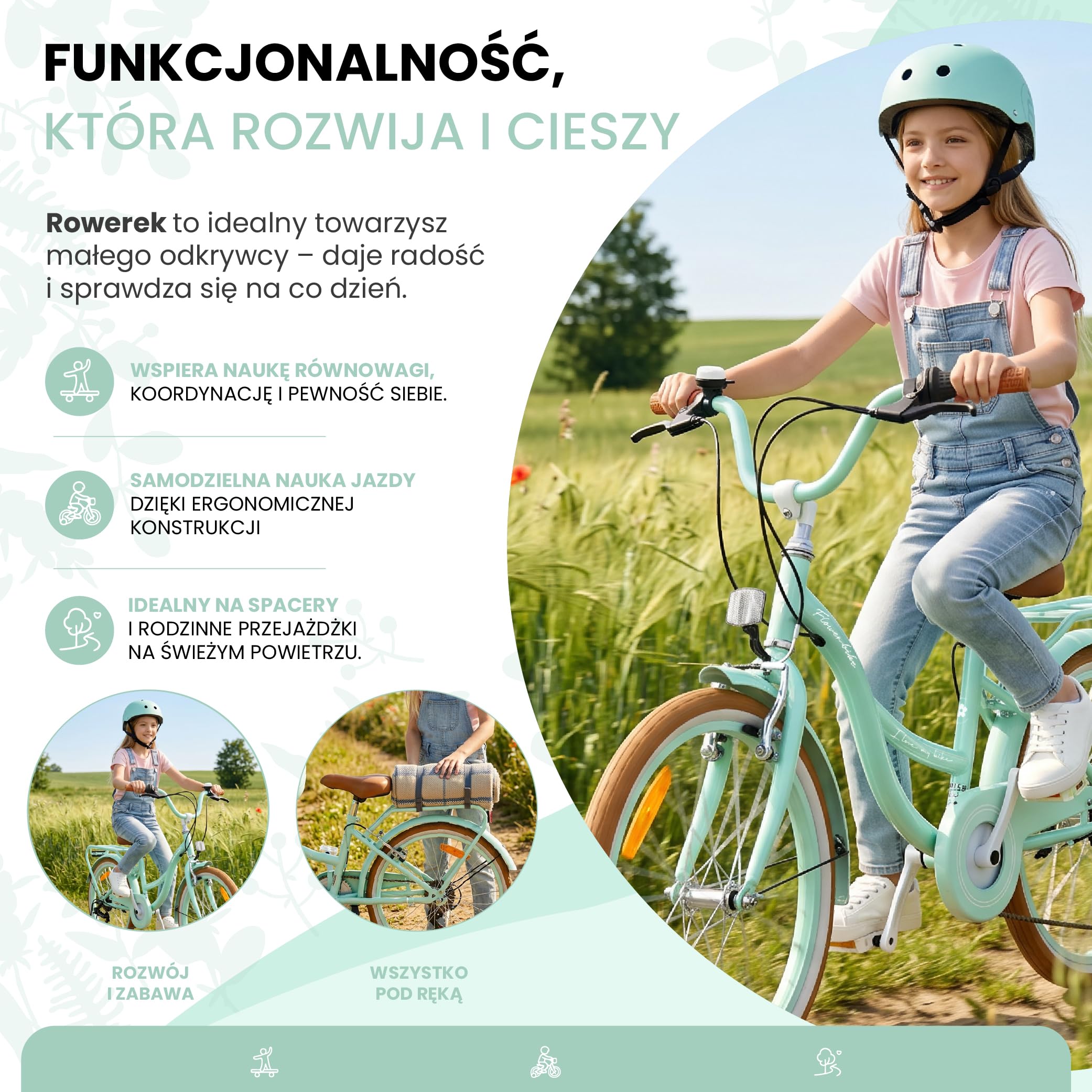 SUN BABY FLOWER BIKE RETRO Rower dziecięcy dla dziewczynki | Stalowa rama, hamulce V-Brake, błotniki, osłona łańcucha, odblaski, dzwonek i regulowana wysokość