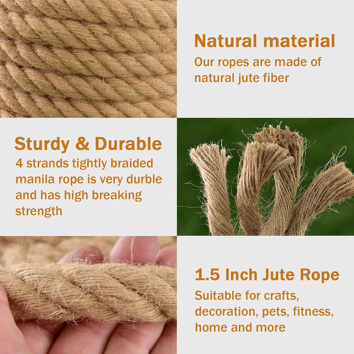 Jute Rope (1.5 in X 50 ft), 38mm Thick Twisted Manila Ropes, Natural Heavy Duty Hemp Rope for Swing Bed, Crafts, Railing, Tug of War, Landscaping, Garden, Bundling, Hammock, Home Decorating