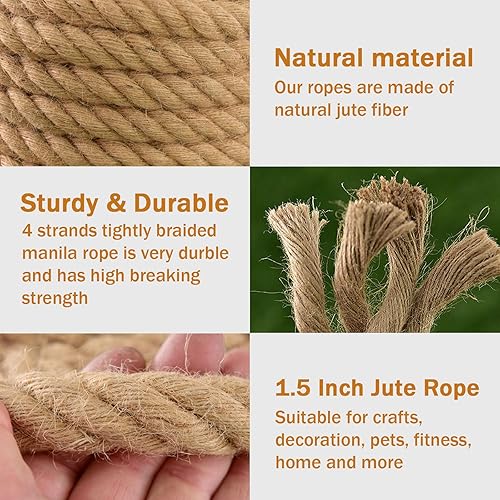 Miniatura 2 de Cuerda de yute (1.5 pulgadas x 50 pies), cuerda de manila trenzada de 1.496 in de grosor, cuerda de cáñamo natural resistente para cama oscilante,
