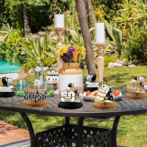 Miniatura 6 de Juego de centros de mesa de papel negro y dorado con texto en inglés "Happy 50th Birthday", 8 piezas de globos de estrella de 50 años, letrero de
