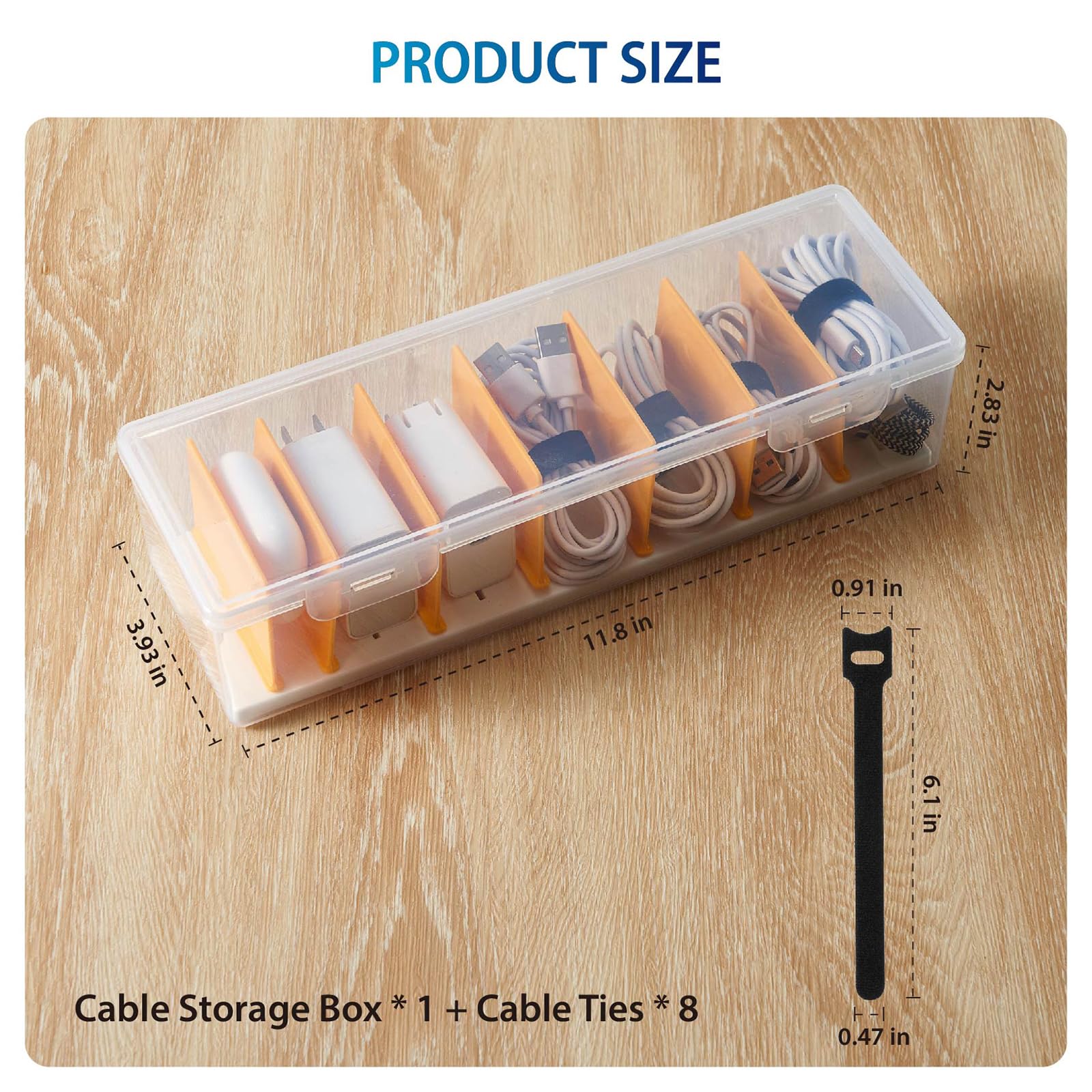 Kabel-Organizer-Aufbewahrungsbox mit 8 Kabelbindern, transparenter Handy-Ladegerät, Organizer, Kabel-Organizer für Kabel, elektronische Aufbewahrungsbox für Schublade, Schreibtisch, Büro,