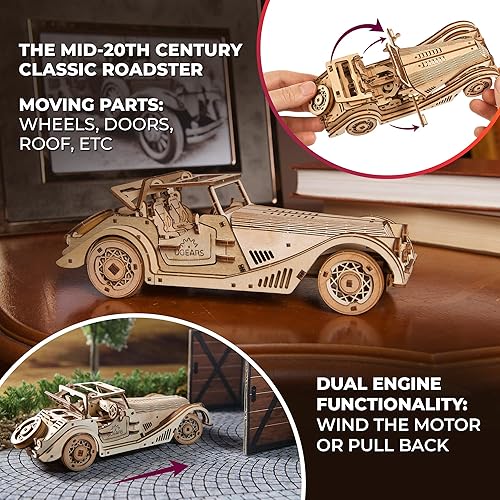 Miniatura 3 de UGEARS Rompecabezas de madera 3D con ratón rápido para adultos, desafiantes kits de autos modelo Roadster para construir, kits de modelos de