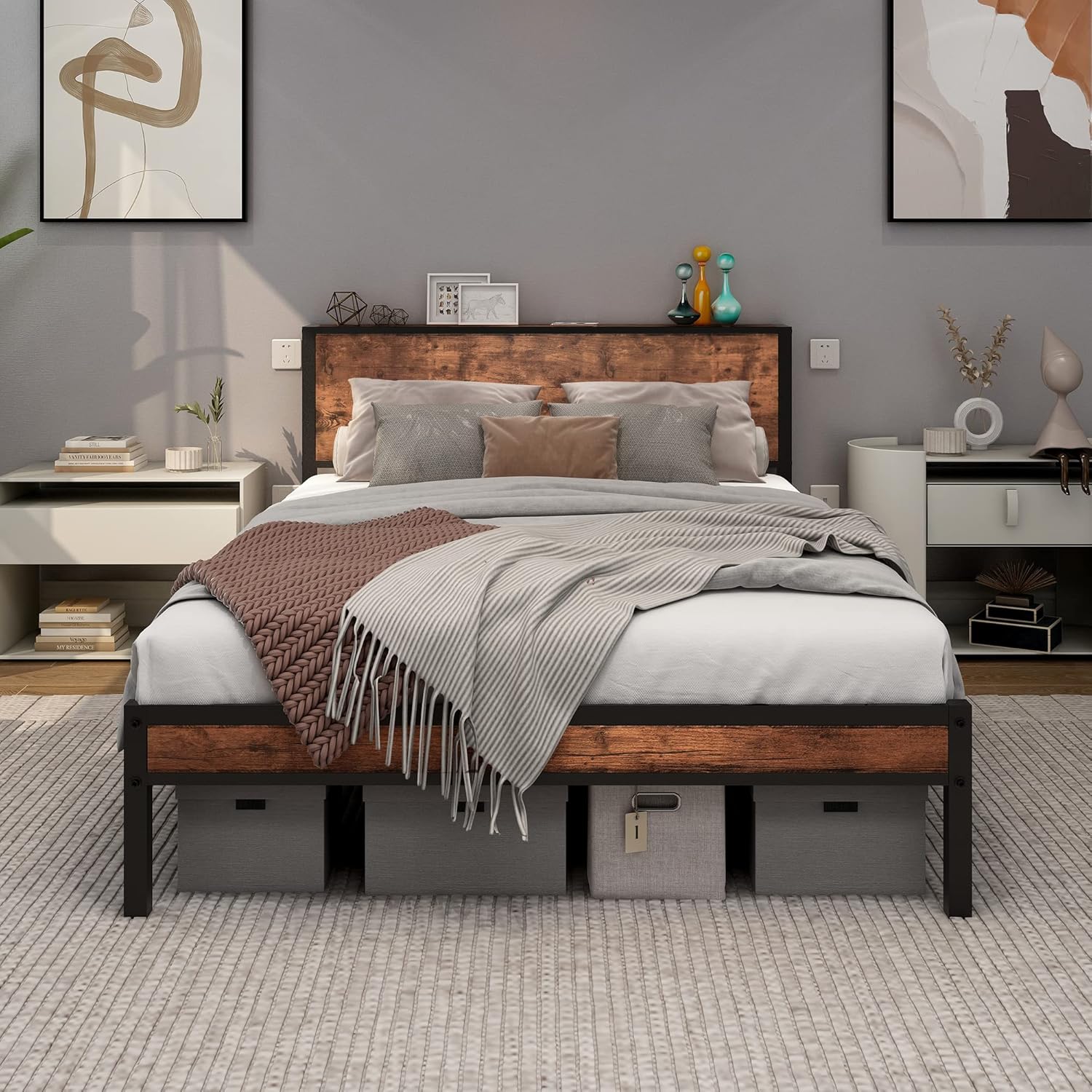 DUMEE Full Bed Frame with Wood Storage Headboard, Metal Platform Bed Frame Full, No Box Spring Needed, Noise Free, Reinforced Strong Support Leg, Textured Black&Brown Oak - Image 9
