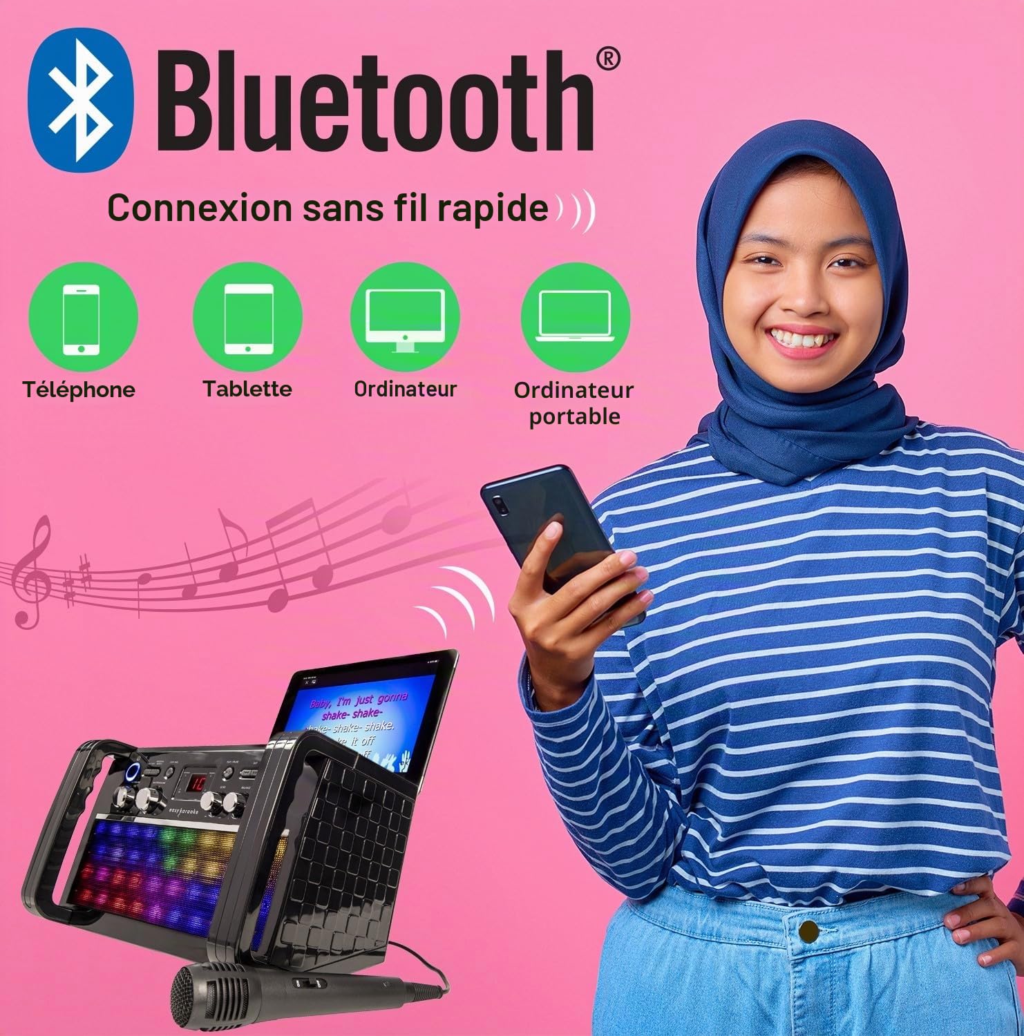 Easy Karaoke EKS213-BT Machine de karaoké Bluetooth CD+CDG avec lumières LED, Haut-Parleur intégré et 1 Microphone