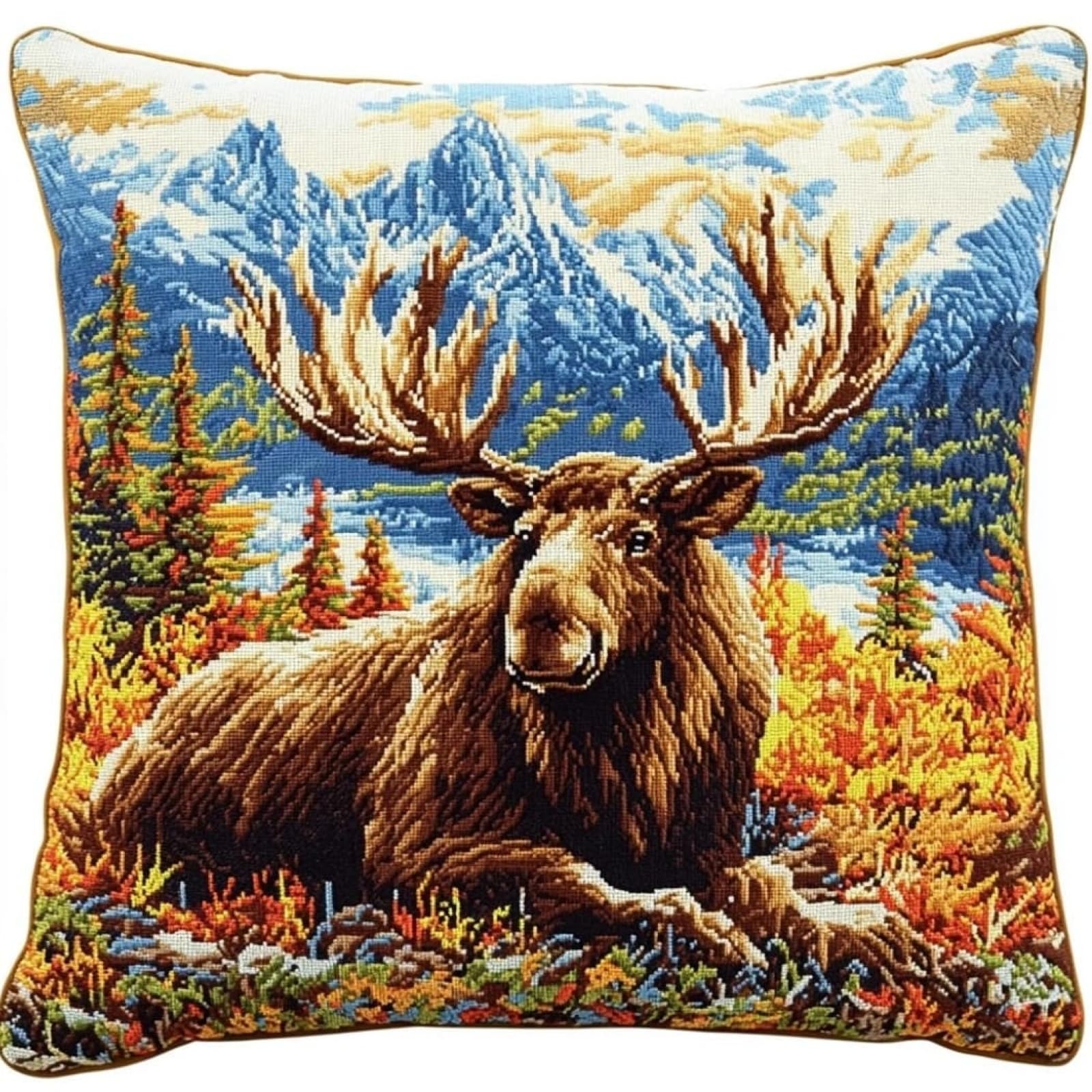WallustrioaW DIY Embroidery Cross Stitch Cushion Kit,Moose in the Forest,Tapestry Pillow kit 45x45cm Stitch Set for Living Room Sewing Supplies Adults Beginners Gift