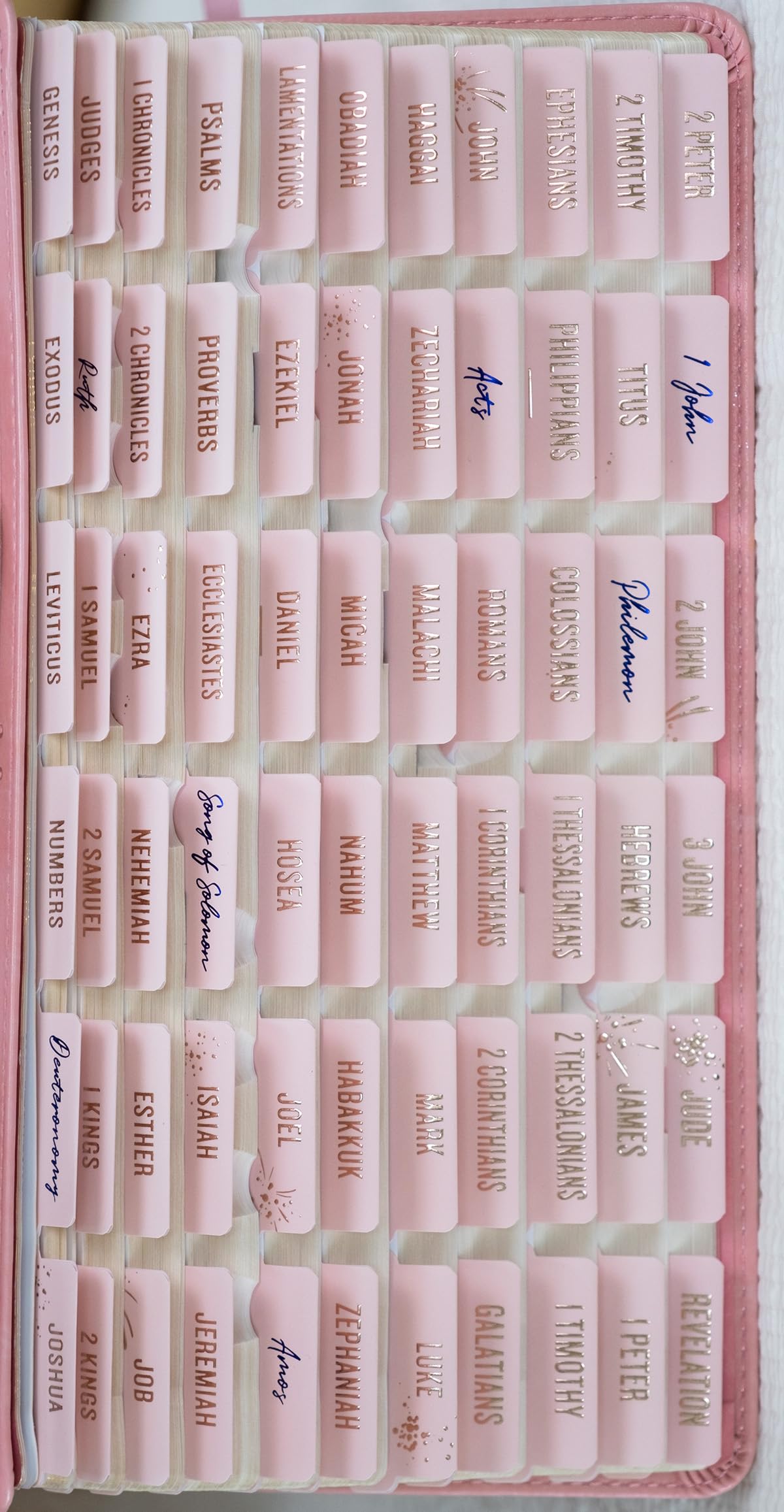 UPAFEXXI-Laminated Bible Tabs for Women and Men (Gold Foil Embossed Lettering) Reposition Large Print tabs, Easy to Read and Apply, 80 Bible Chapters Labels for Easy Navigation(Pink and Blue)