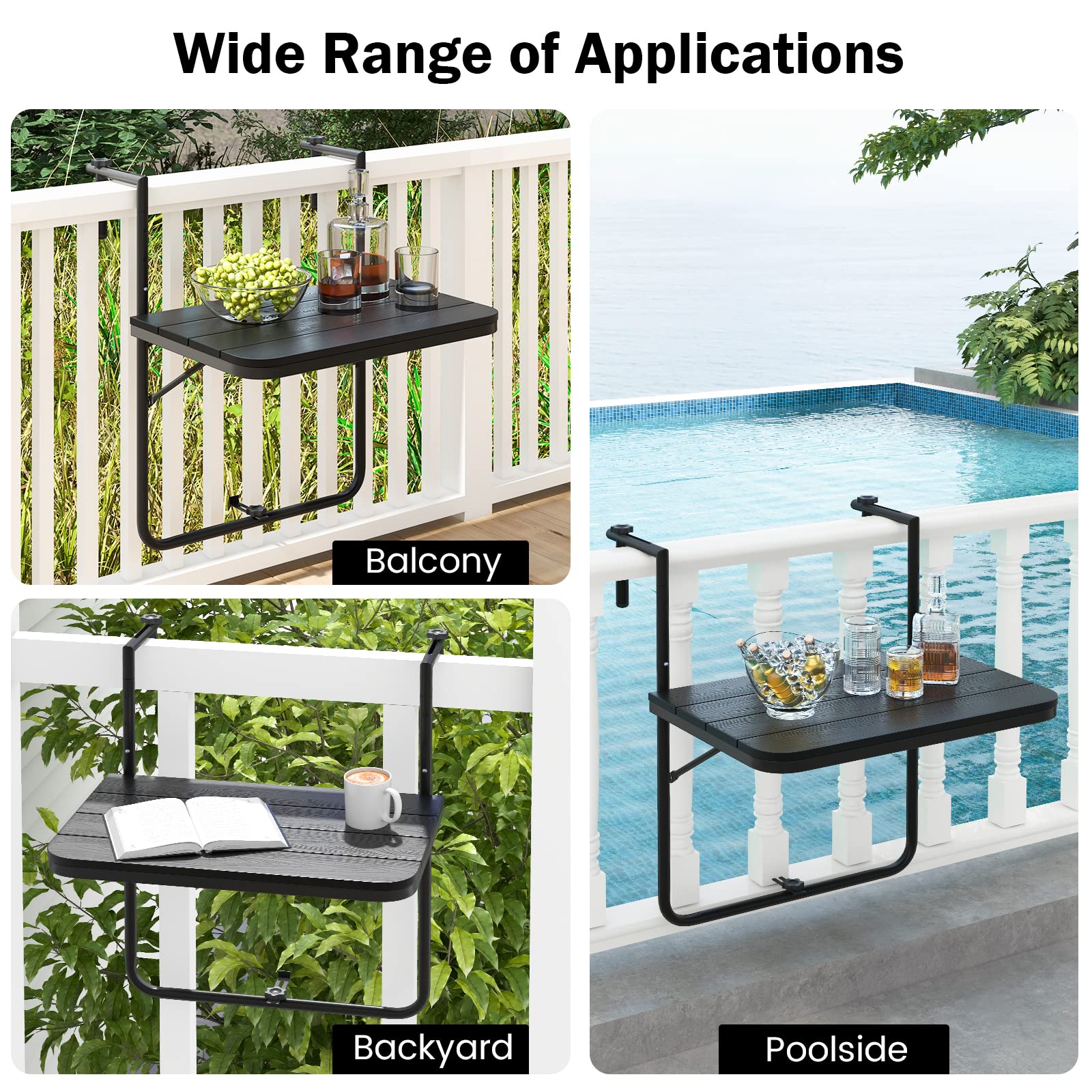 GIANTEX Mesa Plegable Colgante, Mesita de Balcón con Alturas Ajustables de 3 Niveles, Mesa Auxiliar con Dieseño Ahorro Espacio, Mesita Colgante 60 x 40 cm (Negro)
