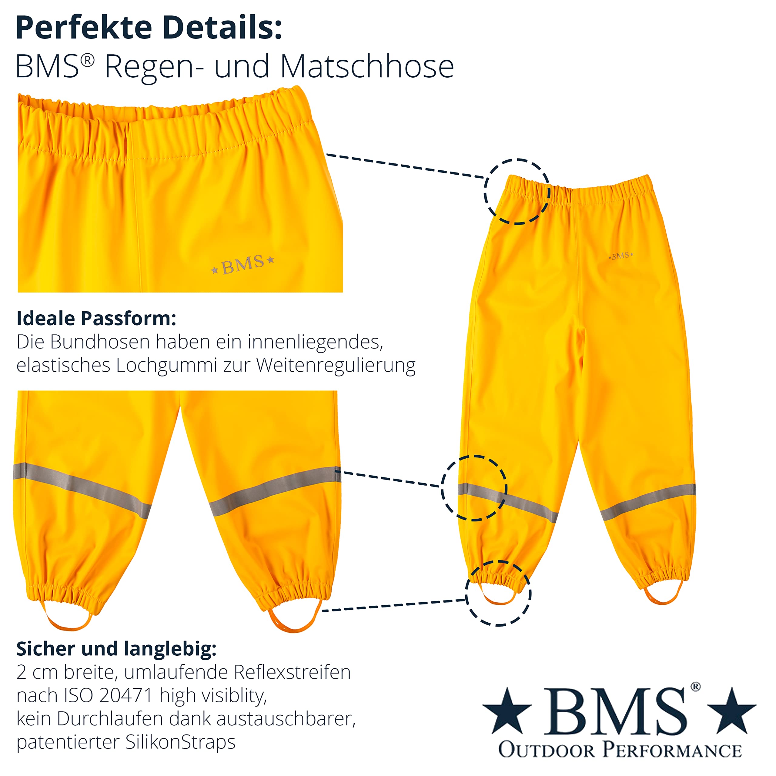 BMS® Regenhose für Kinder ohne Latz, 100% wasserdicht, Softskin, Oeko-Tex, strapazierfähig