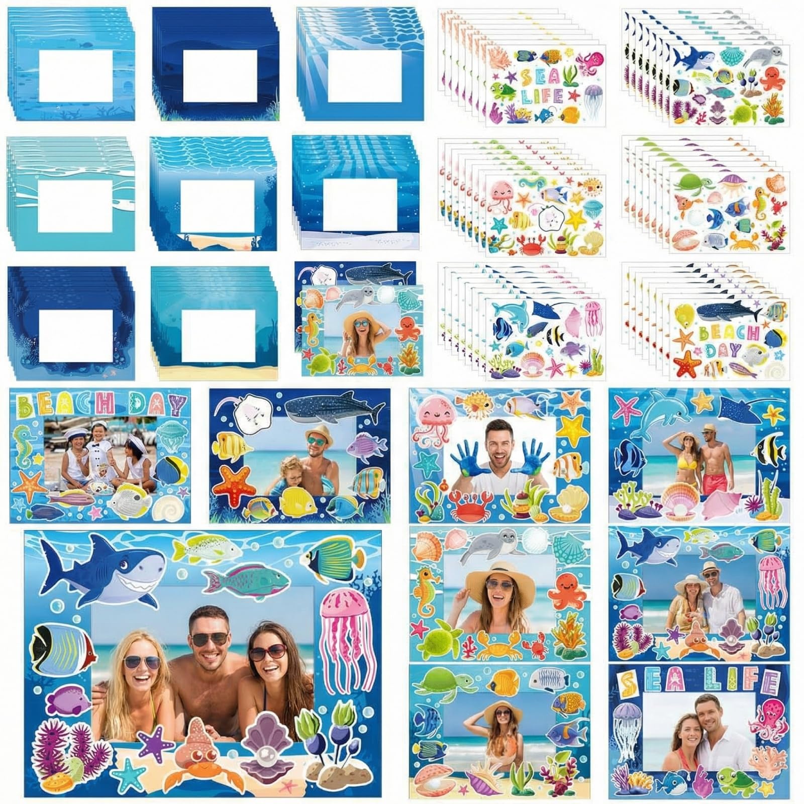 Beeveer 96 Pcs Under The Sea Picture Frame Craft DIY Summer Ocean Beach Photo Frame Crafts with Sea Animals Stickers for Summer Party Home Activities