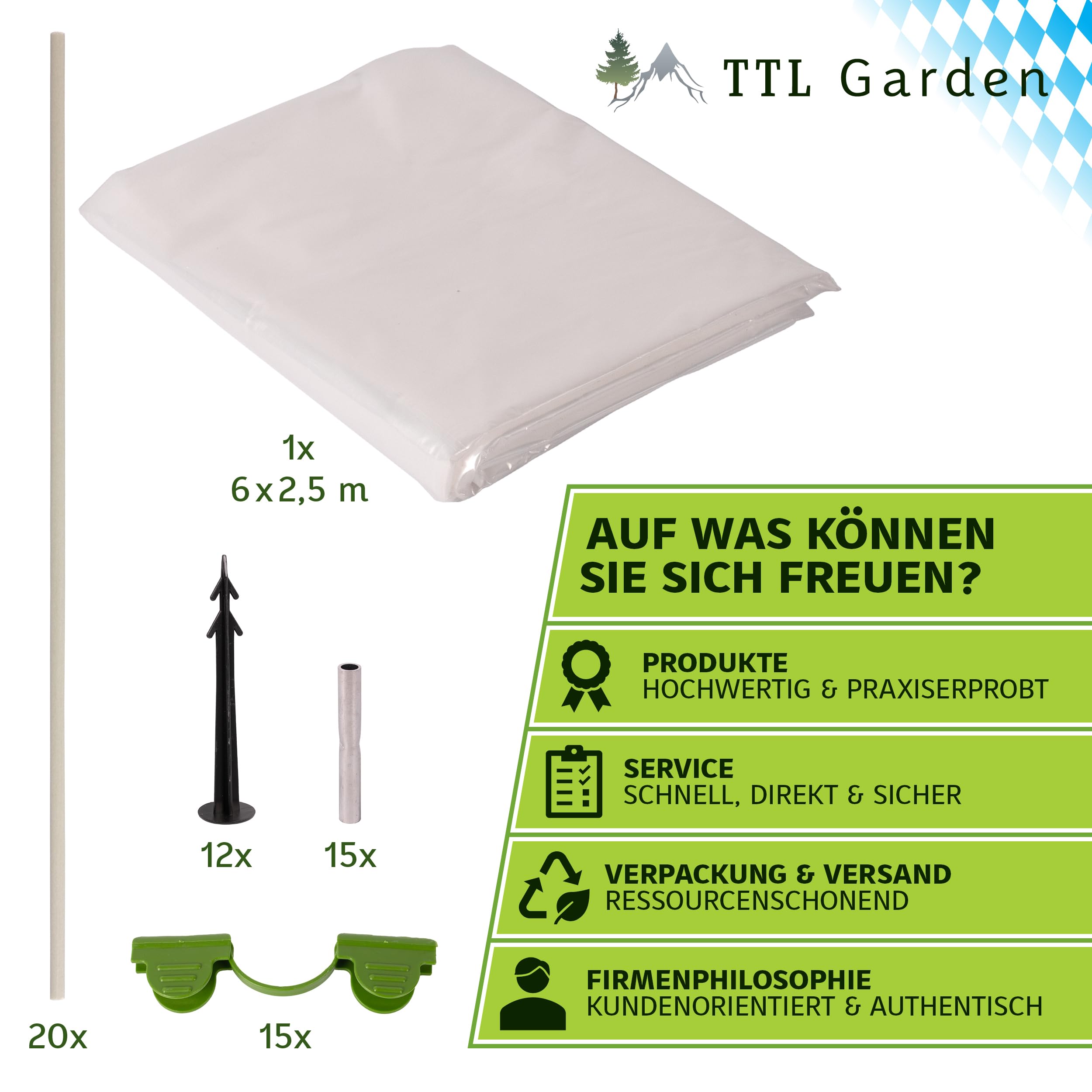 TTL GARDEN Folientunnel Set Flex L 20 mit PE Folie 6 x 2,5 m - 6 x Fiberglas Bögen & PE Anzuchtfolie 6x2,5m breit, Rund Bogen für Abdeckung Frühbeet Hochbeet Gemüsebeet, stabil langlebig & rostfrei