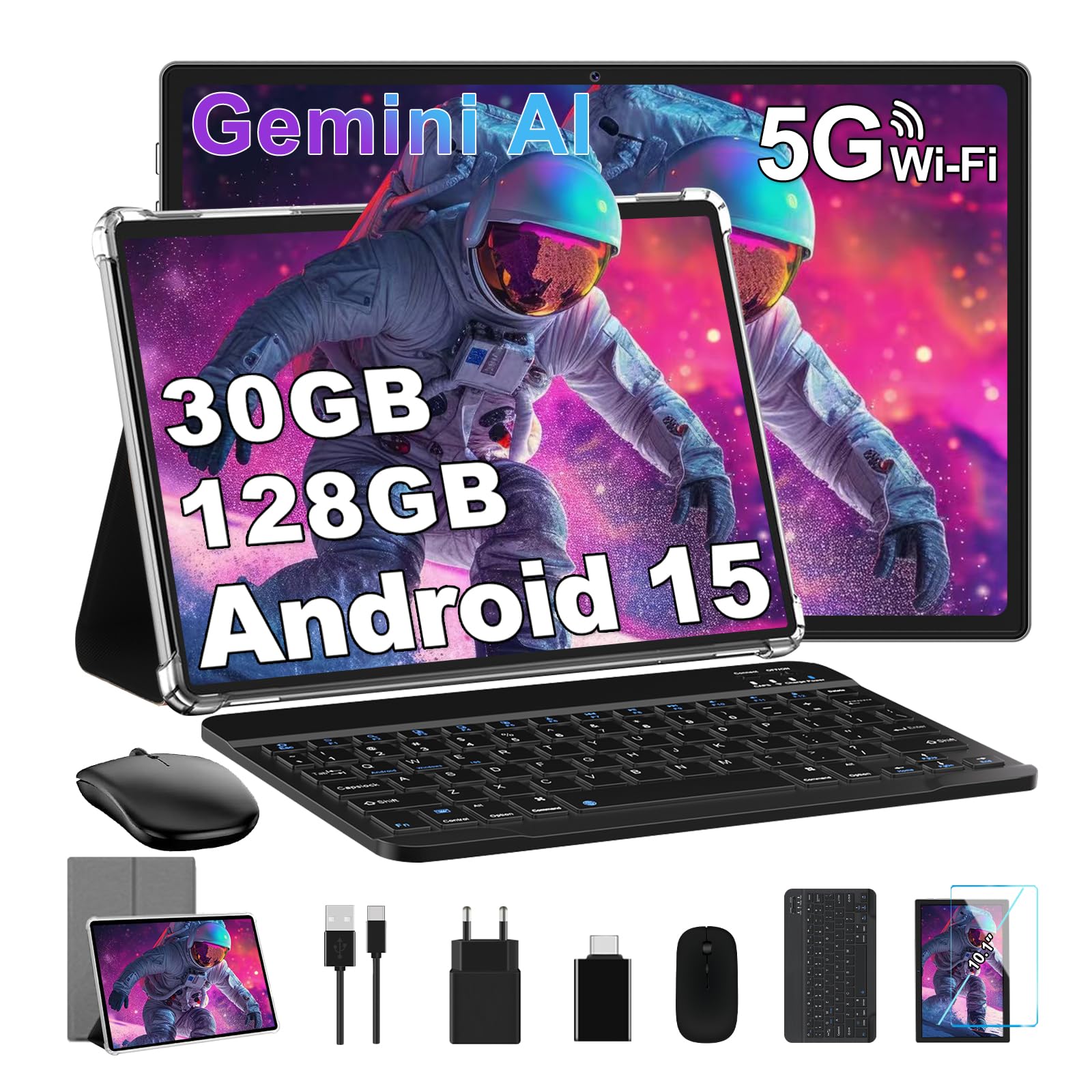 10 Pollici Tablet 30GB+128GB, 8000mAh, Android 15, FHD Schermo IPS, Processore Octa-Core, Certificazione GMS/ Widevine L1/ Controllo Parentale, Corpo in Metallo Tablets PC con Tastiera, Mouse -Grigio