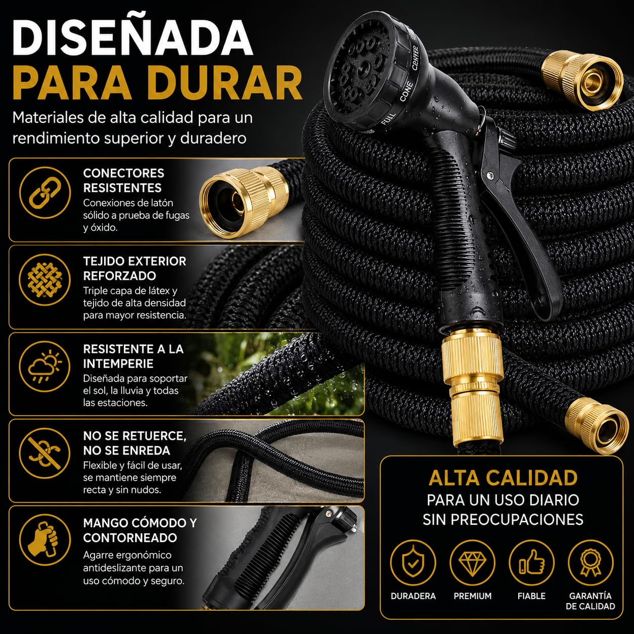 Manguera Extensible Jardín hasta 15 metros con Pistola de Riego Premium de 8 modos, Conectores de Latón 1/2 y 3/4, Resistente y duradeea. Manguera agua flexible Reforzada Antifugas Alta Presión