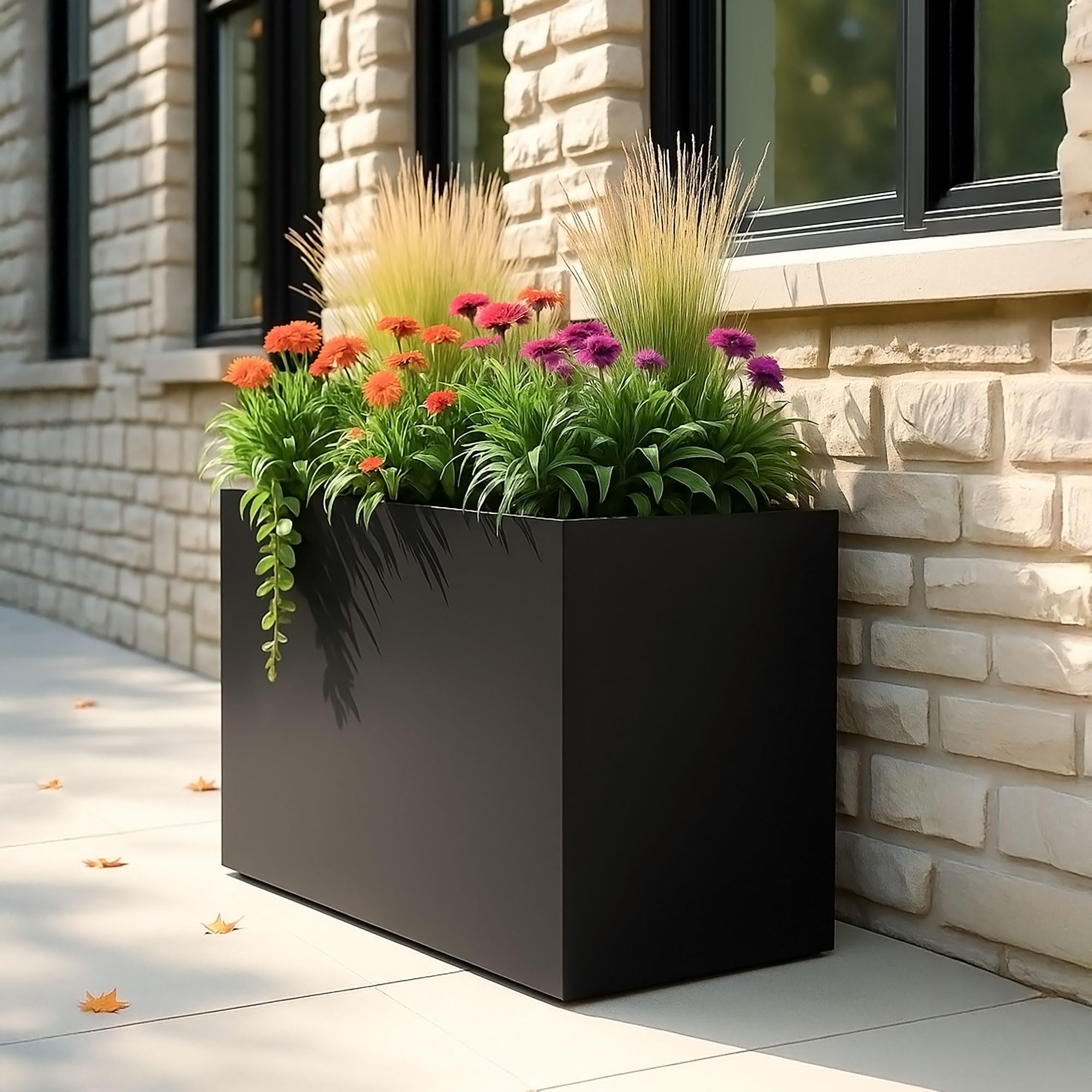 IDEALIST 70cm Large Trough | Black Reinforced Stone Rectangular Planter | Garden Plant Pots with Drainage Holes L70 W40 H60 cm, 124 litres