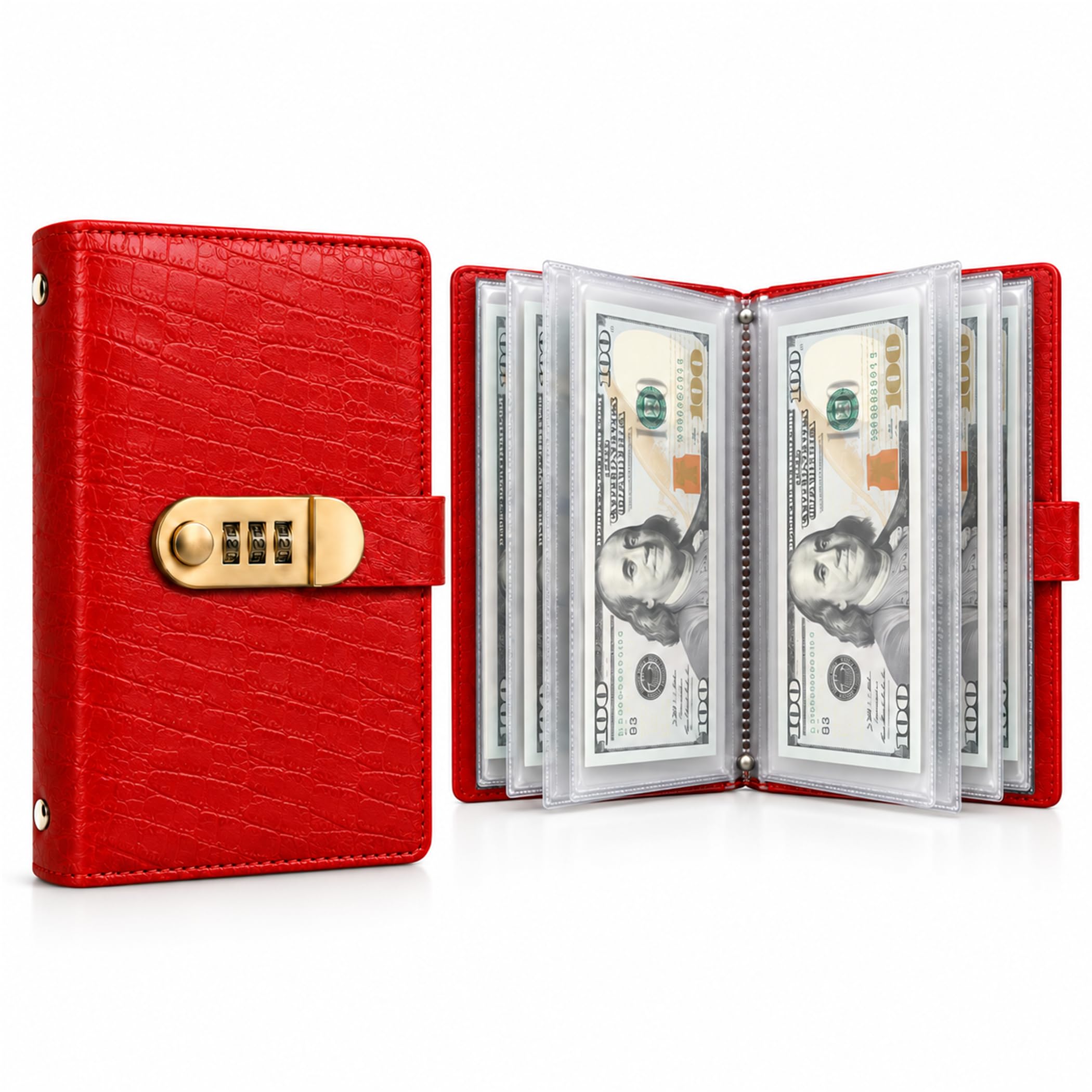 Lockable Savings Notebook, 100 Envelopes Money Saving Challenge Binder (Red)