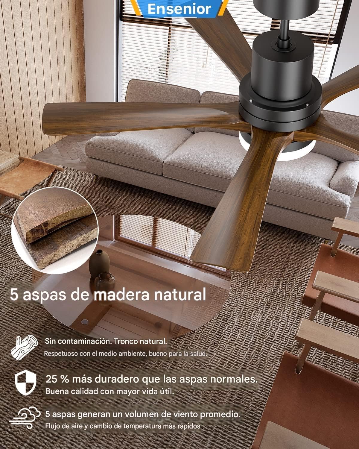 ledbox Ventilador de techo con led EOLO 5 palas de madera, 3000-4000-6000K