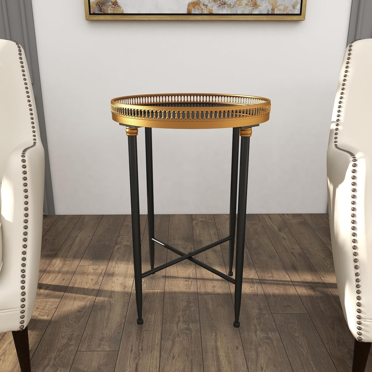 Black Round Metal and Stone Accent Table with Graduated Legs