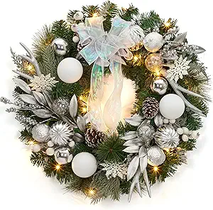 24 Inch Pre-Lit Christmas Wreath, Battery Operated Xmas Wreath, Christmas Hanging Decorations with Pine Cones, Silver White Balls, Bow for Front Door Fireplace Outdoor