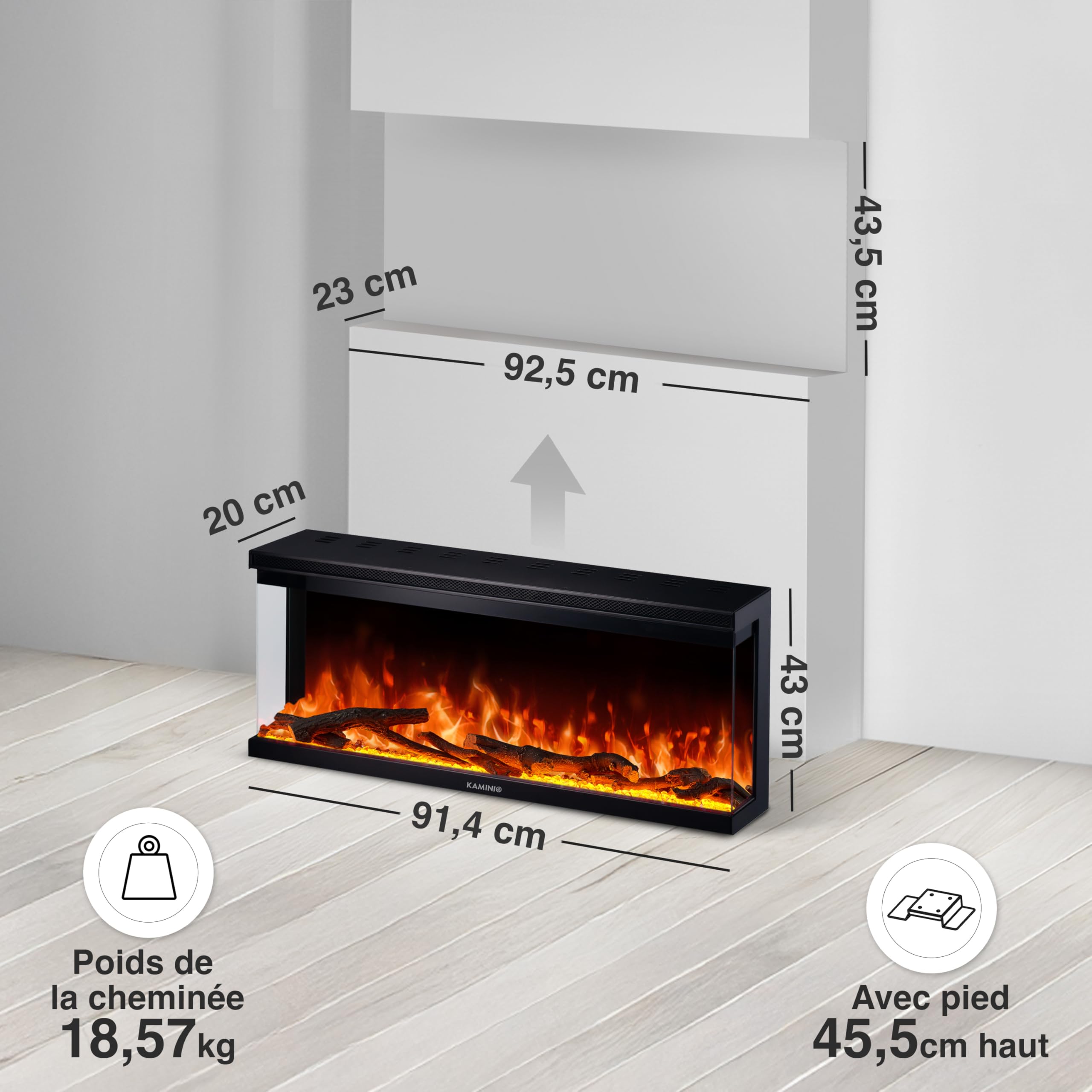 KAMINIO Cheminée Electrique Lea - Cheminée Électrique 3-en-1 avec Vue panoramique, Chauffage, Effet de Flamme, 12 Couleurs de Flammes, télécommande (36 Pouces)