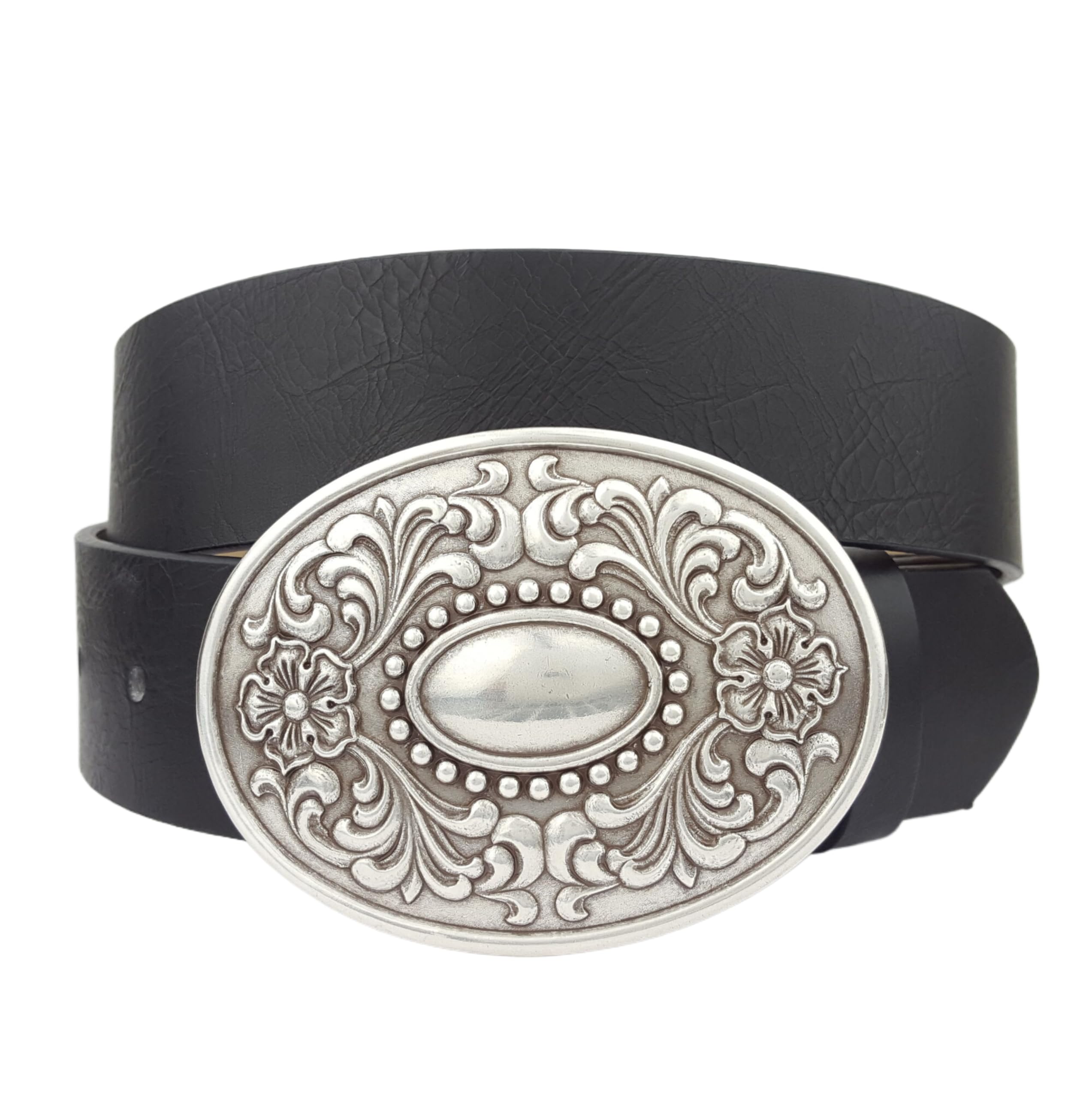 Axesoria Western-Inspired Floral Engraved Oval Buckle Belt Black L