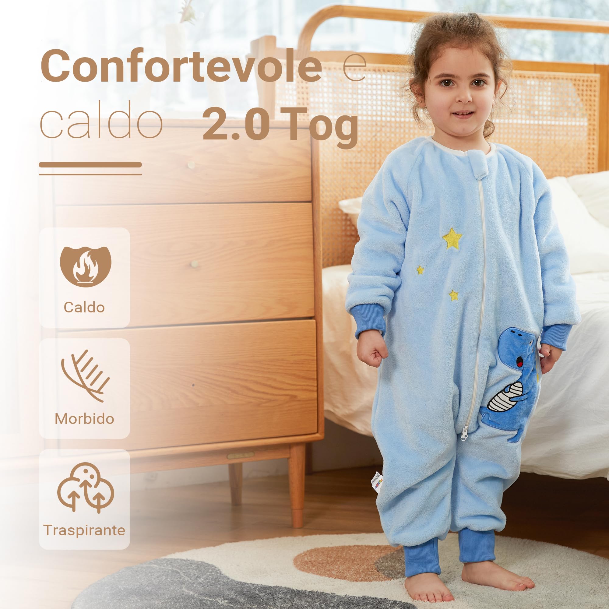 XQ&XG Sacco Nanna con piedini, Bambini Sacco Nanna con gambe 2.0 TOG, Flanella Sacco a pelo a maniche lunghe, Dinosauro, 90