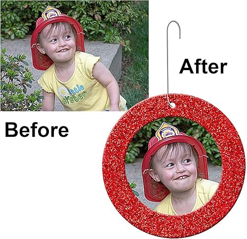 Miniatura 6 de The Original Mini Adornos de Navidad con purpurina, marco magnético de fácil carga, incluye protectores de fotos y ganchos para colgar, redondo,