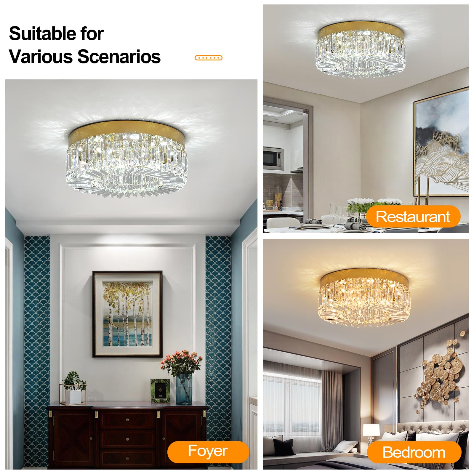 VETRULUS Kristall Kronleuchter 50CM Gold Semi Flush Mount Deckenleuchte Moderne Kronleuchter für Esszimmer Wohnzimmer Schlafzimmer