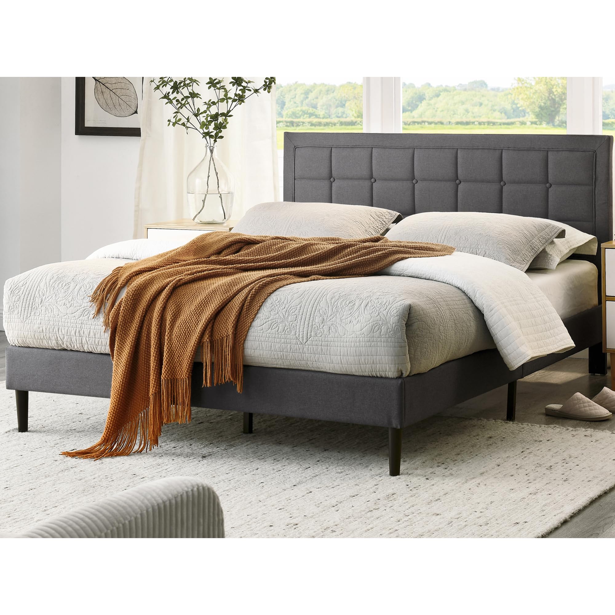 Classic Brands Mornington Upholstered Platform Bed | Headboard and Metal Frame with Wood Slat Support, Full, Light Grey