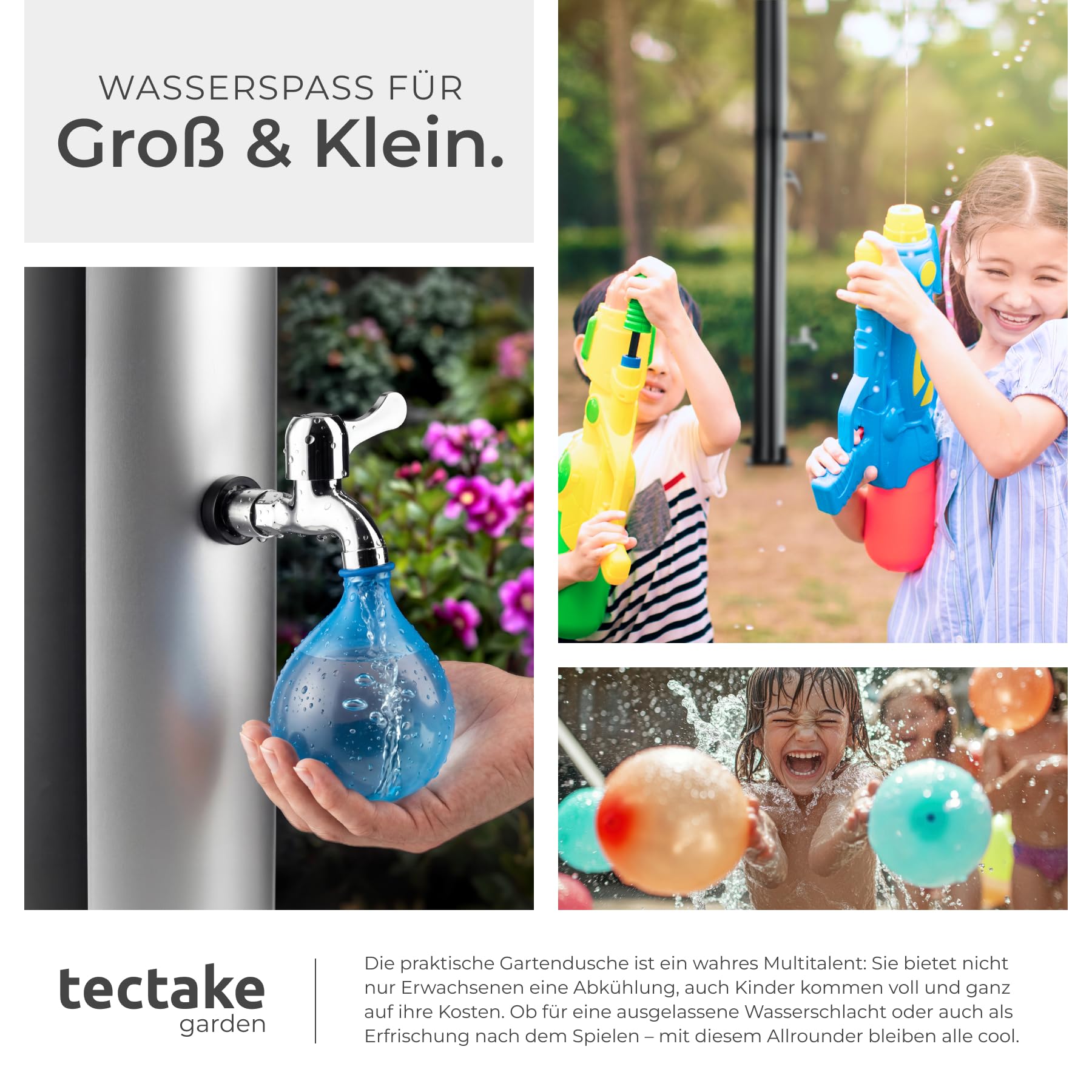 TecTake® Solardusche 20 l, bis 60° C warmes Wasser, drehbarer Regenduschkopf, Einhebelmischbatterie, Gartenschlauchanschluss, Schutzhülle, Warmwasser, Außendusche, Campingdusche - schwarz/Silber