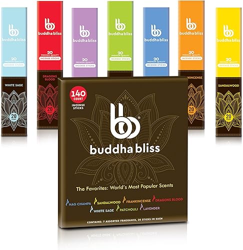 Mecka Buddha Bliss - Juego de varillas de incienso con aromas más populares del mundo  140 varillas de incienso para meditación  7 aromas