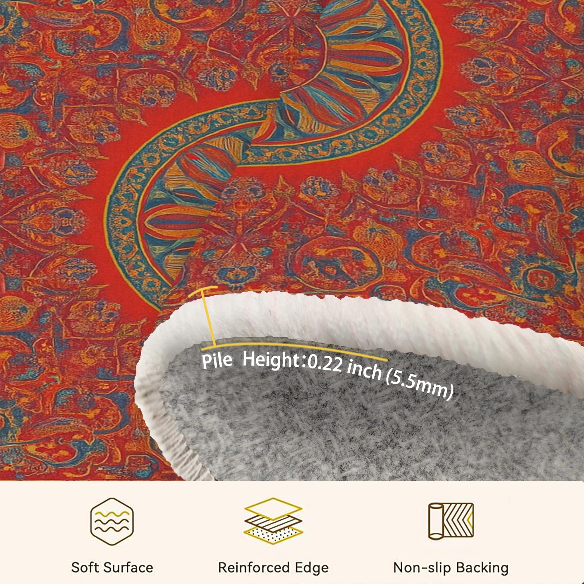 Tapis floral bohème artistique mandala géométrique sans rouge à poils courts pour salon, chambre à coucher, décoration de salle à manger, 1,8 x 1,8 m