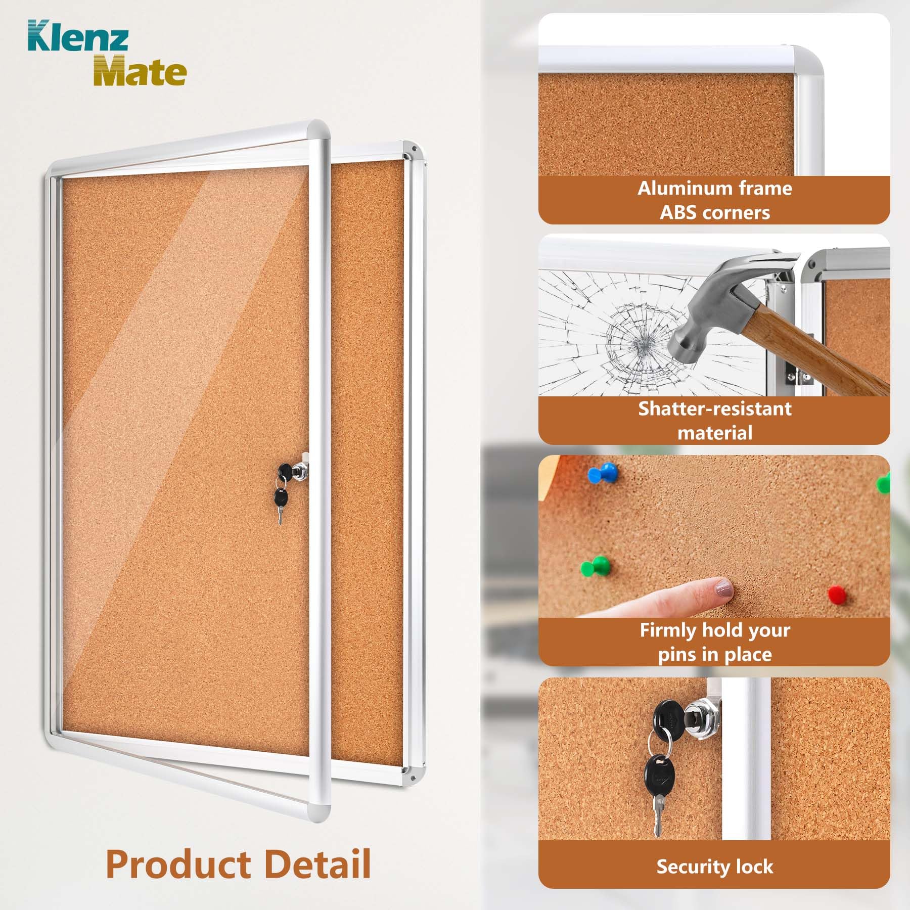 Tablero de anuncios de corcho cerrado de 36 x 24 pulgadas, a prueba de manipulaciones, tela marrón y marco de aluminio, tablero de anuncios con cerradura resistente a roturas con puerta acrílica