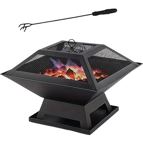 Outdoor Fire Pits for Outside Wood Burning Table Fire Pit with Spark Screen Cover, Fire Bowls Backyard Fire Pit with Fire Poker for Camping Beach (Black, 18.5 Inch)
