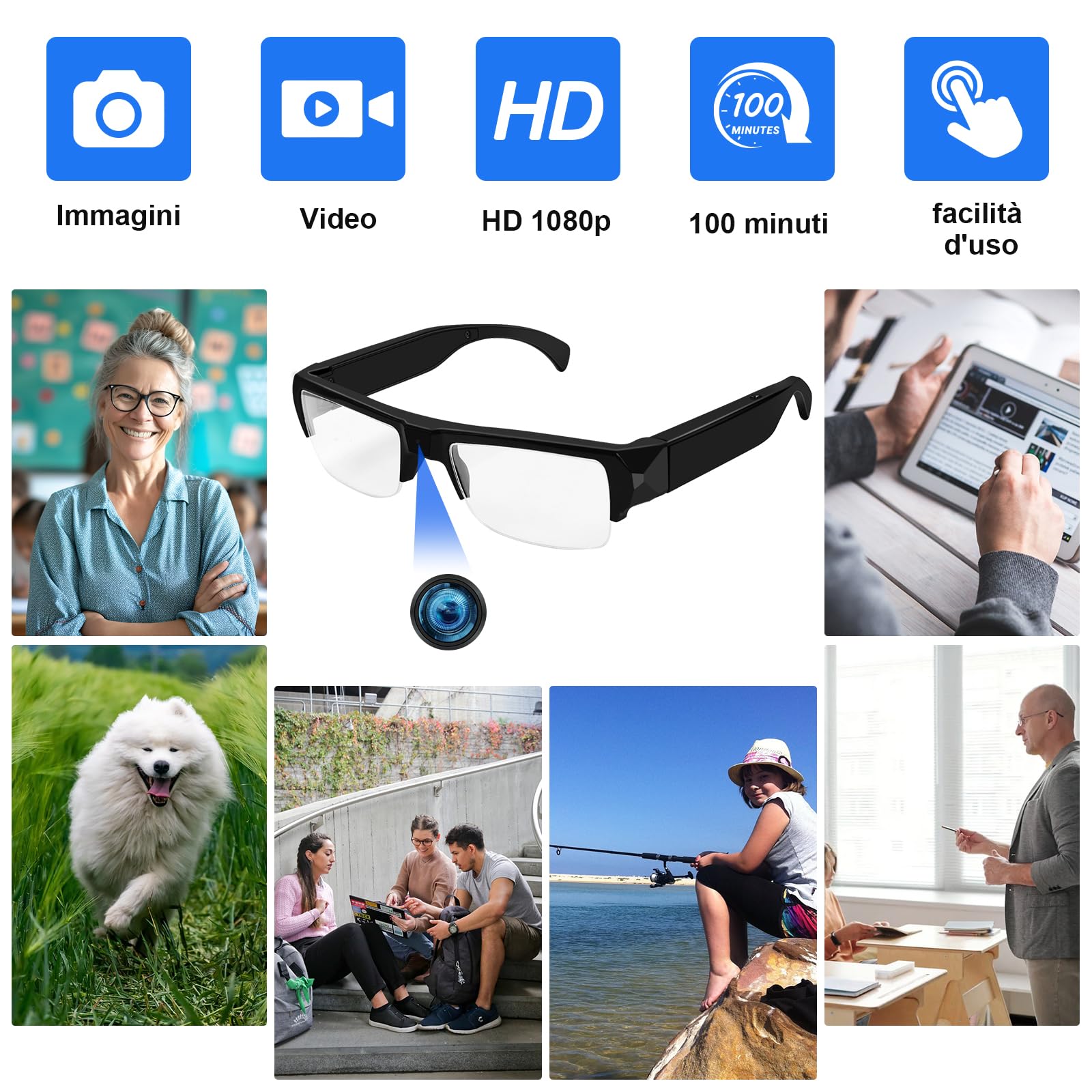 Fotocamera Spia per Occhiali 1080P, Telecamera Nascosta Invisibile Portatile, Occhiali Sportivi con Telecamera Spia, Action Cam per il ciclismo, le lezioni e altre attività indoor e outdoor