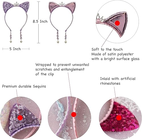 Miniatura 9 de Summer Crystal Diadema con orejas de gato y lentejuelas con dijes, diadema de orejas de gatito para niñas, accesorio ideal para el cabello para