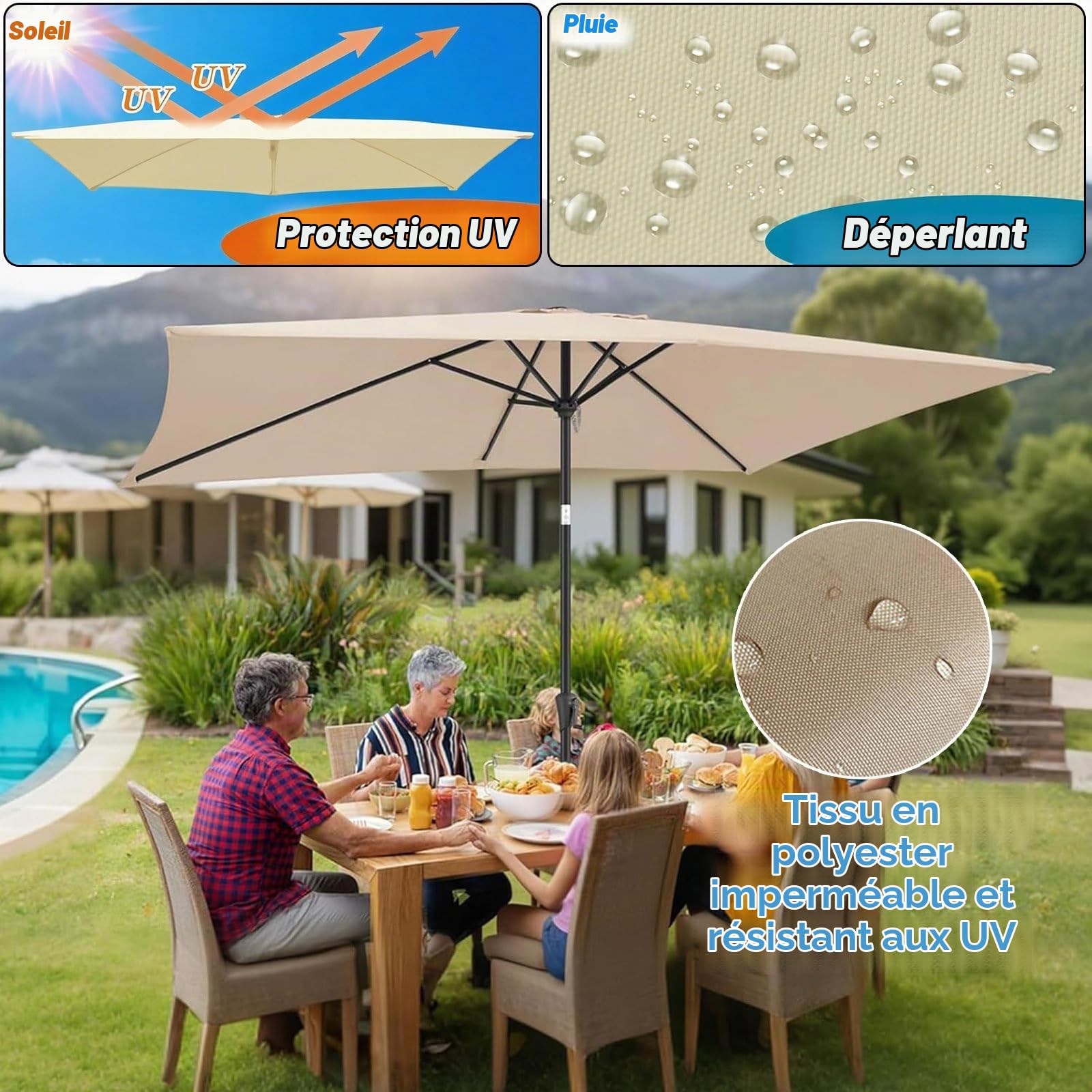 ESOYAWE 2x3m Auvent Housse De Rechange Pour Parasol Terrasse 6 Baleines, Rechange Toile De Parasol Jardin, Rectangulaire, Dessus De Parapluie Protection UV 50+, Tissus Pare-soleil Imperméable