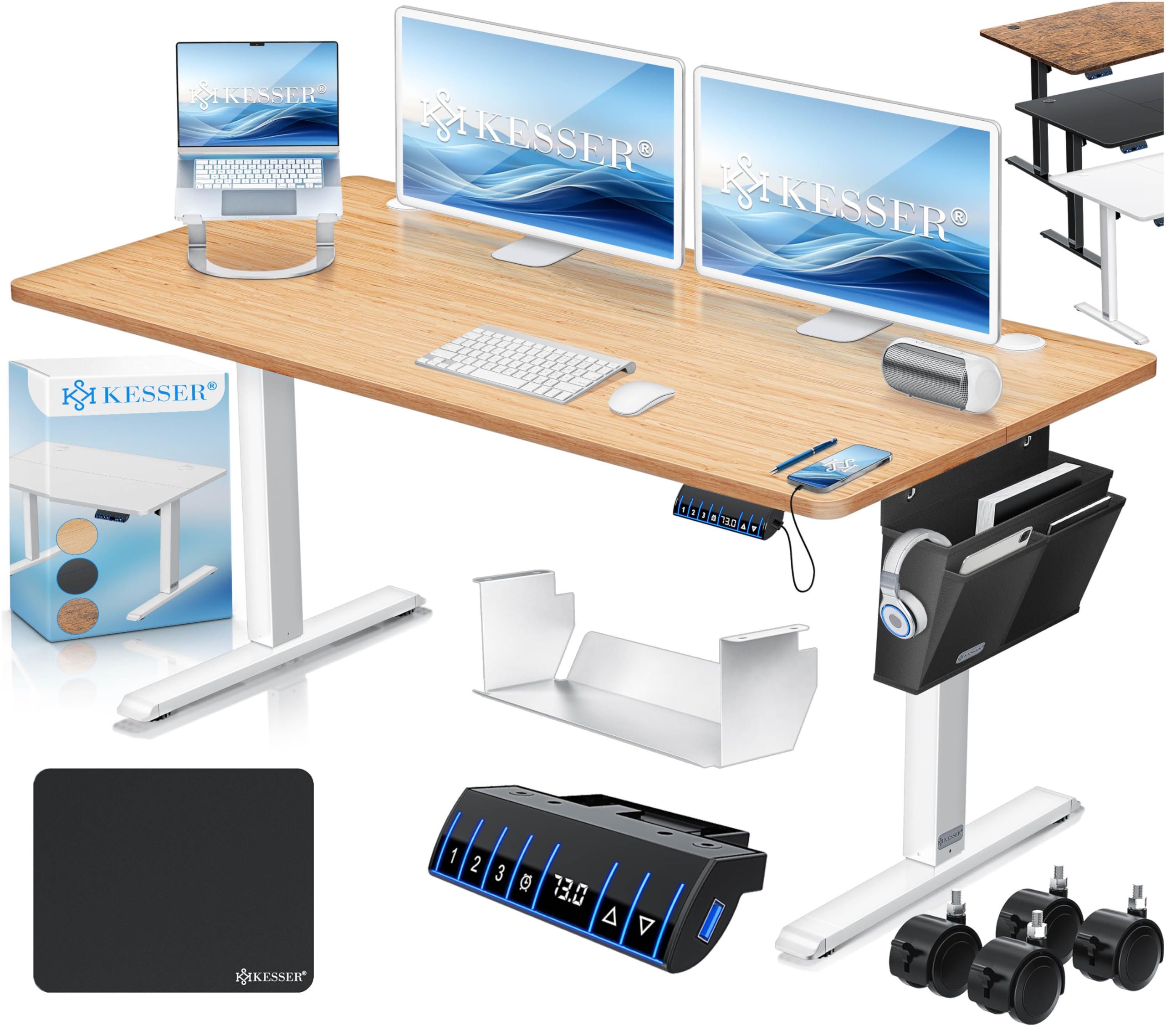 KESSER® Scrivania elettrica regolabile in altezza, Scrivania ergonomica per postura eretta, Controllo di memoria a 3 funzioni, incl. Ruote a 360° e Porta di ricarica USB, 140x70 cm - Beige