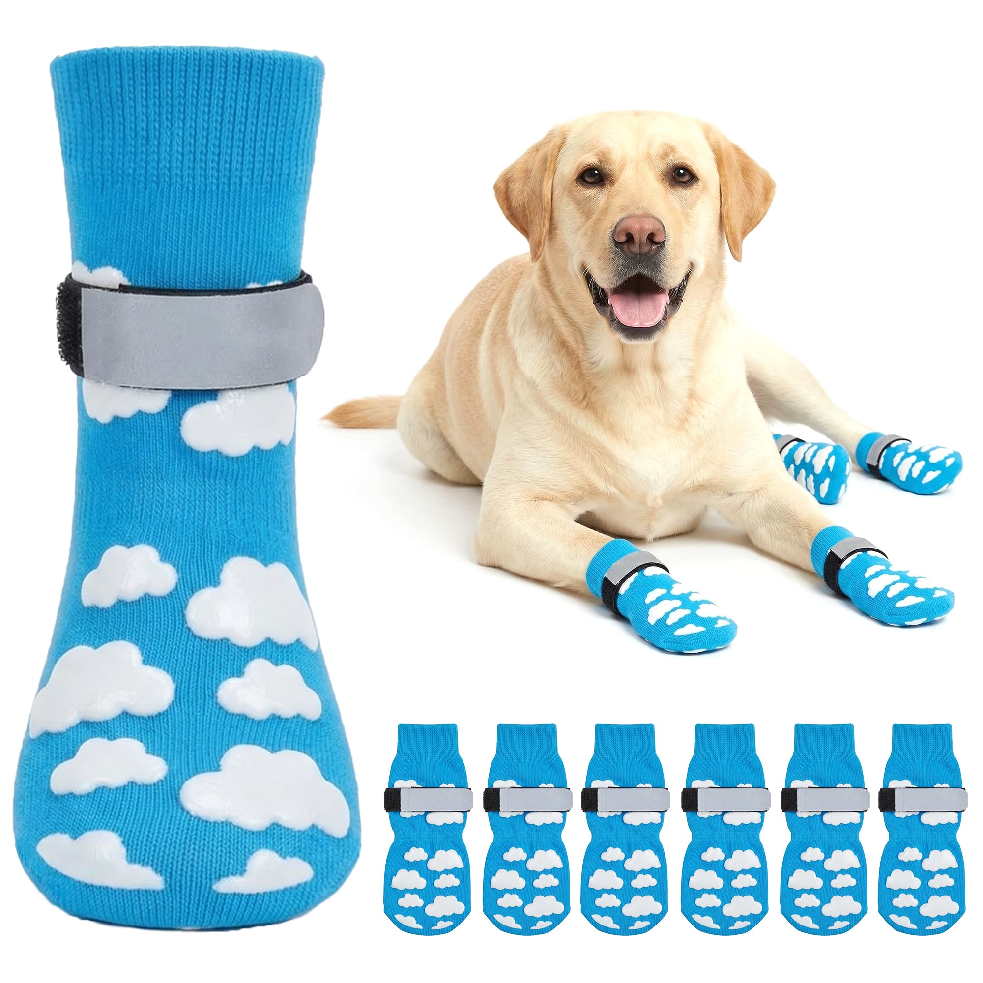 Fantasreen 6 Pcs Non-Slip Dog Socks with Paw Grips Indoor, Cute Socks for Hardwood Floors, Winter Snow, Hot Pavement, Paw Protector Socks (Cozy Cloud Blue, XL)