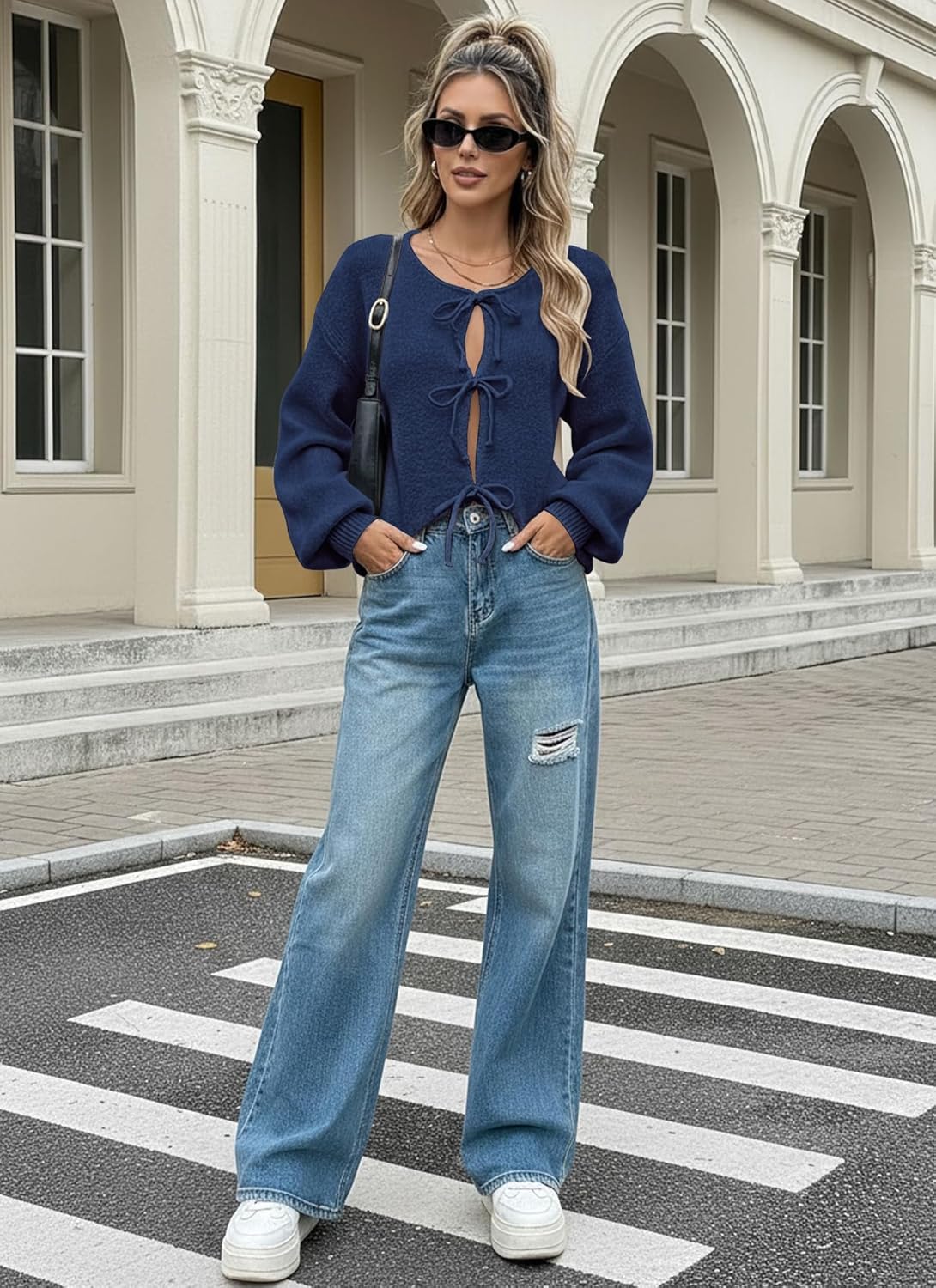 Womens Bow Tie Front Cardigan Sweaters Long Puff Sleeve Cute Print Jacket Coats 2025 Trendy Fall Winter Outfits - Image 5