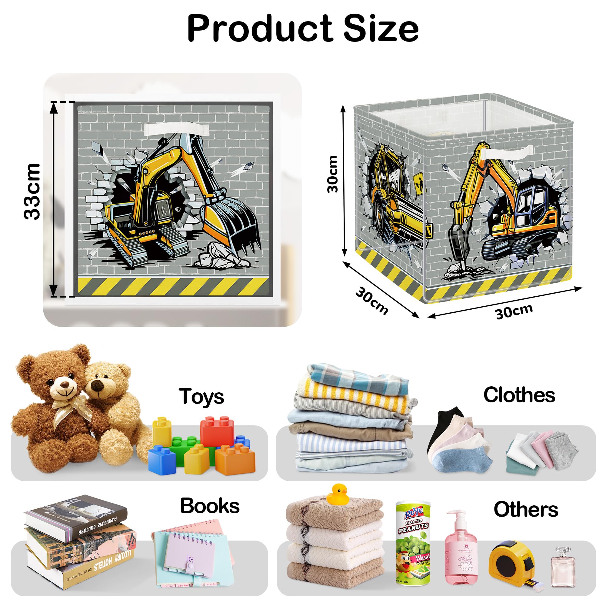 HUUMONSS 11.8" Construction Vehicles Storage Cube Organizer Set 3Pcs Clothes Storage Basket Bin for Home Cars Kid Room Book Toy Chest 3D Road Roller - Image 3