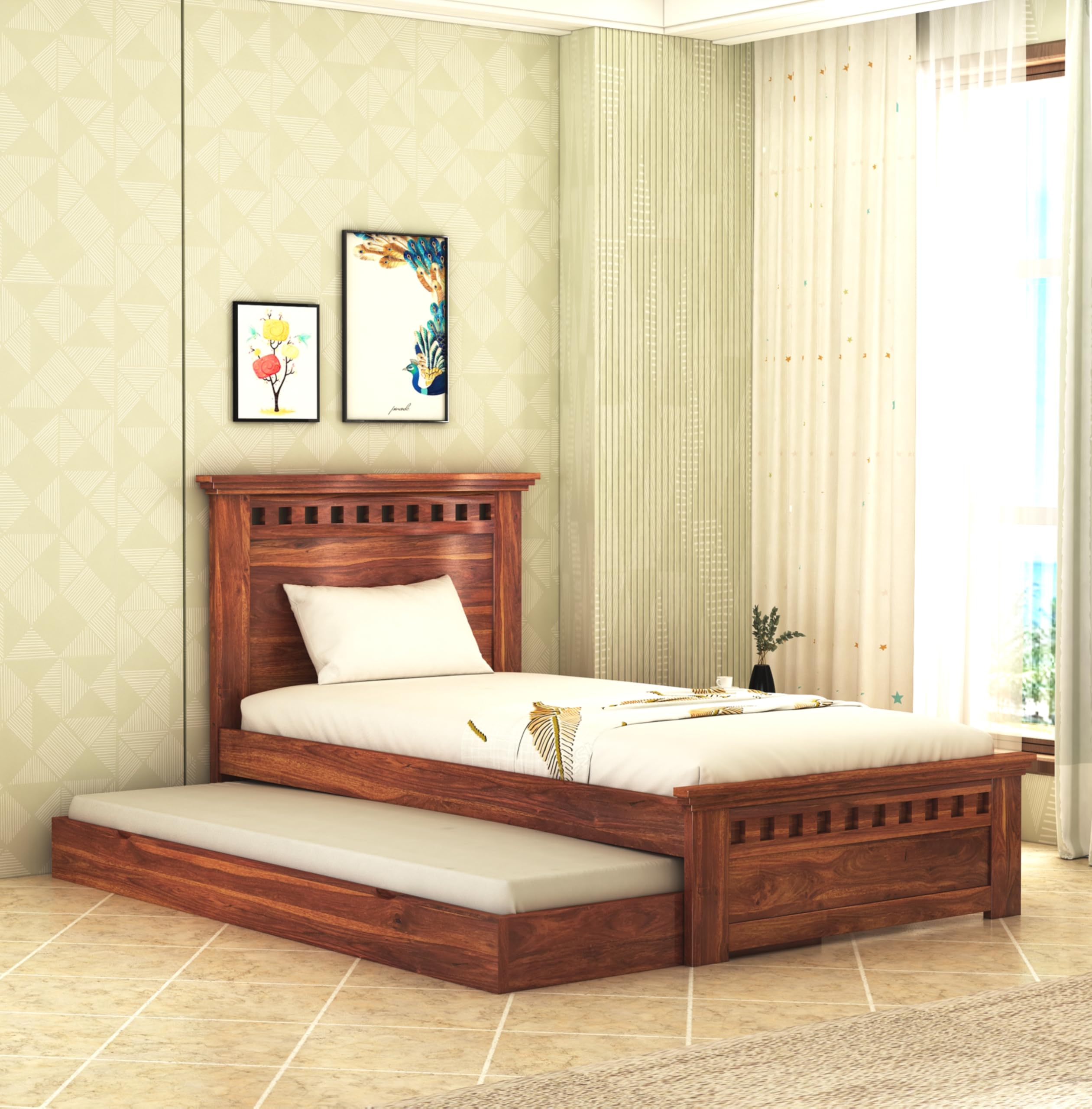 MAMTA DECORATION Sheesham Wood Kuber Single Size Trundle Bed with 1 Extra Pullout Bed for Bedroom Living Room Home (Honey Finish)-image-30
