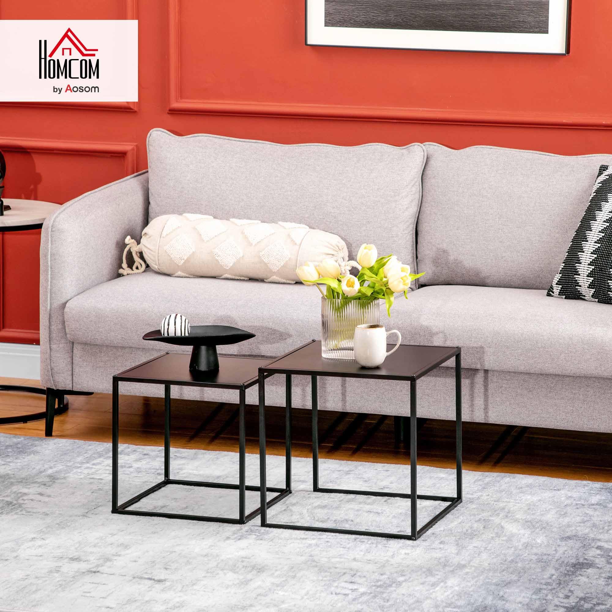 HOMCOM Couchtisch Quadratisch 2er Set, Satztisch Modern Wohnzimmertisch Stapelbar Kaffeetisch Beistelltisch für Wohnzimmer 40x40x40cm & 35x35x35cm, Schwarz